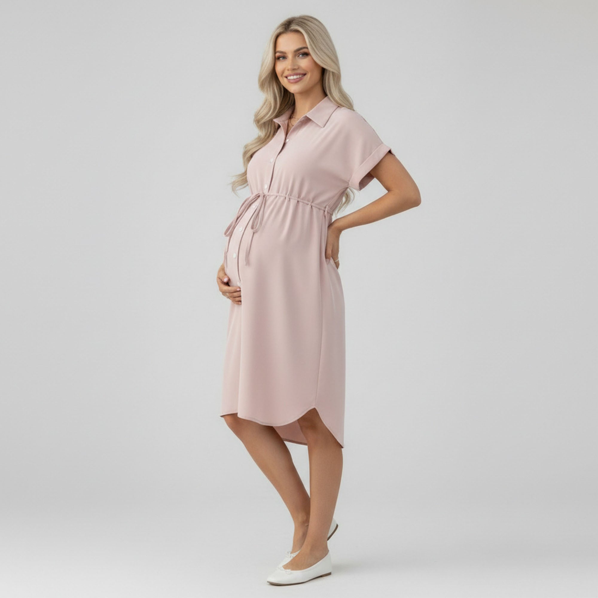 Anna-Kaci Women's Maternity Button Down Shirt Dress with Adjustable Tie Waist Collared Midi Dress