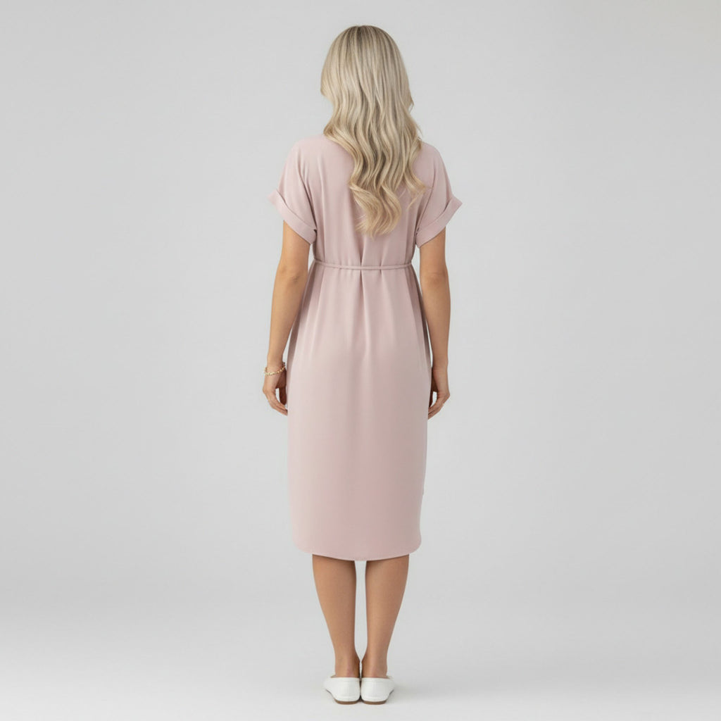 Anna-Kaci Women's Maternity Button Down Shirt Dress with Adjustable Tie Waist Collared Midi Dress