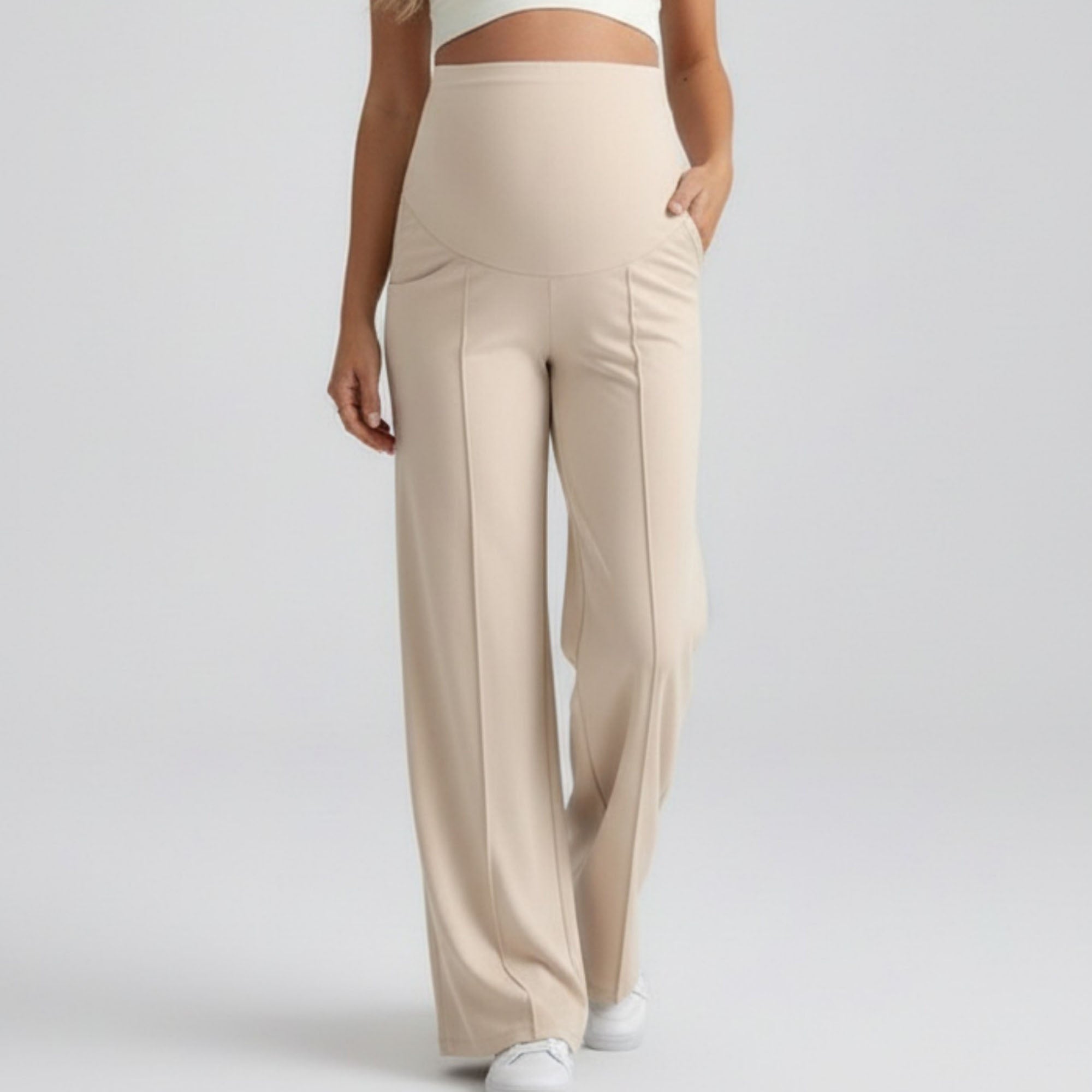 Anna-Kaci Women's High Waist Maternity Wide Leg Pants with Over Belly Panel Front Seam Stretch Lounge Pants