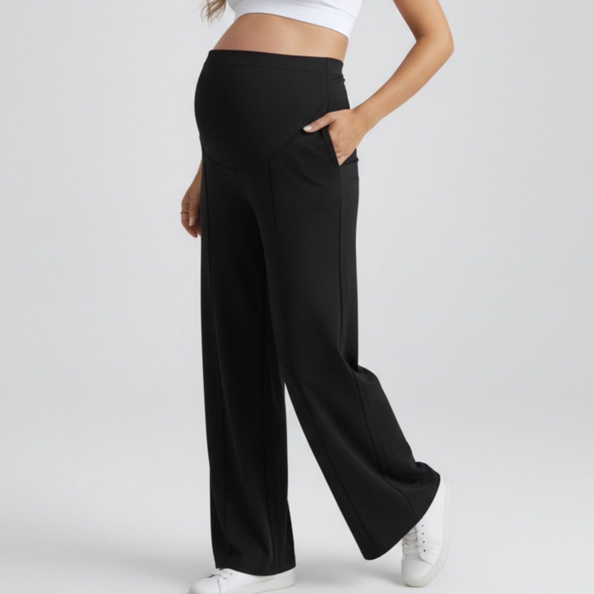 Anna-Kaci Women's High Waist Maternity Wide Leg Pants with Over Belly Panel Front Seam Stretch Lounge Pants