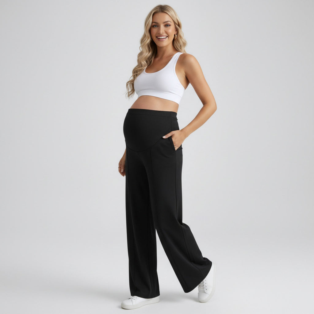 Anna-Kaci Women's High Waist Maternity Wide Leg Pants with Over Belly Panel Front Seam Stretch Lounge Pants
