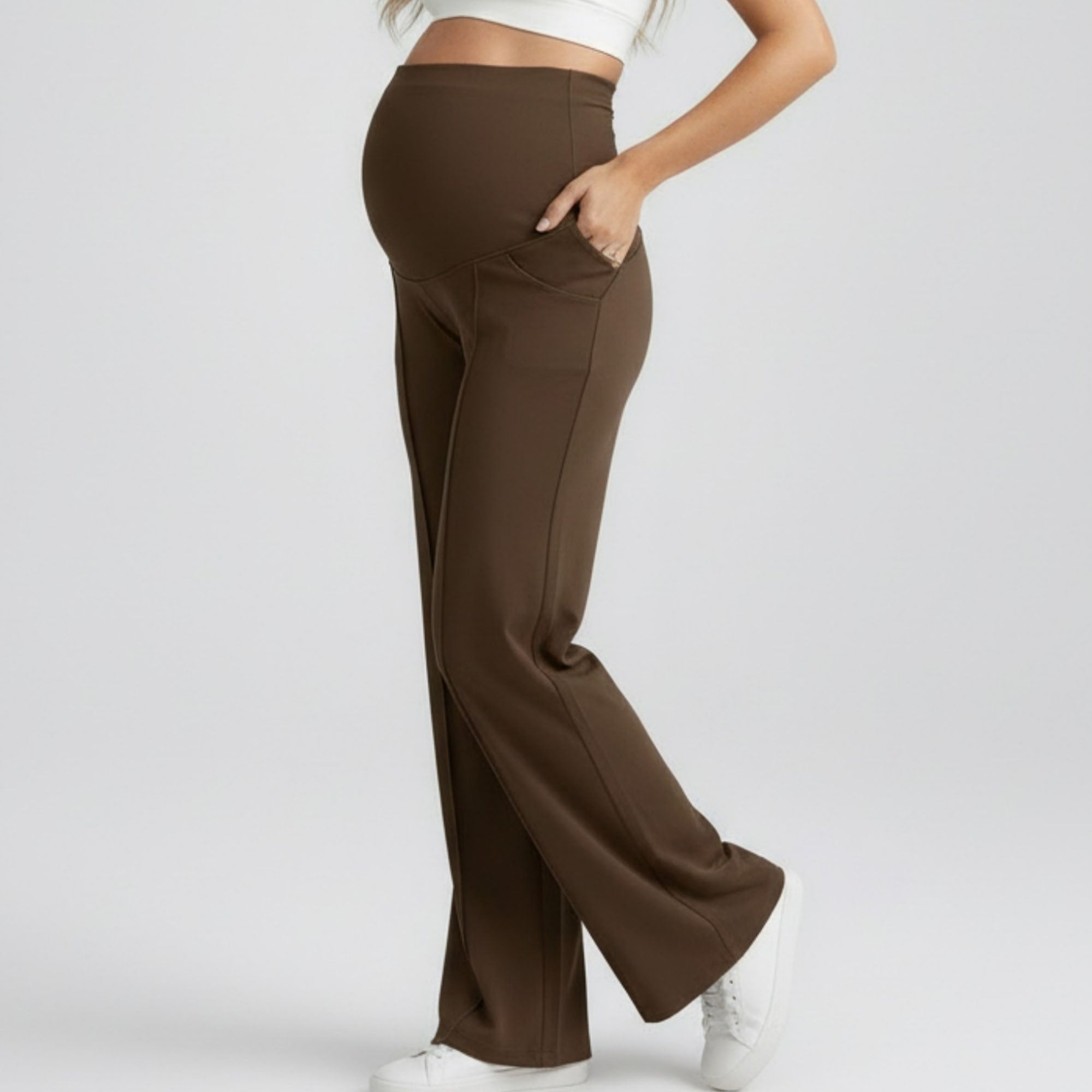 Anna-Kaci Women's High Waist Maternity Wide Leg Pants with Over Belly Panel Front Seam Stretch Lounge Pants
