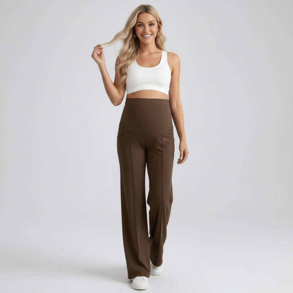Anna-Kaci Women's High Waist Maternity Wide Leg Pants with Over Belly Panel Front Seam Stretch Lounge Pants
