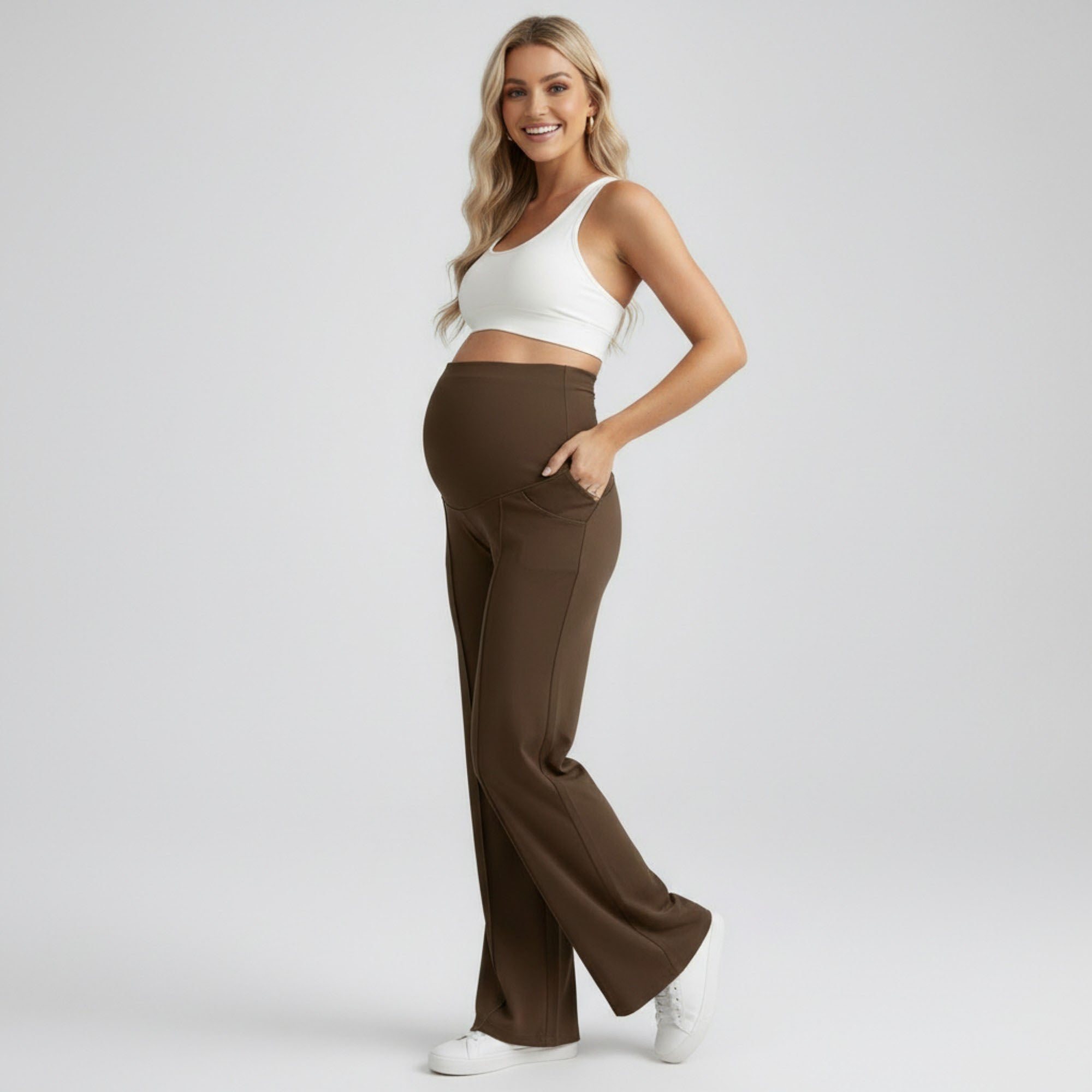 Anna-Kaci Women's High Waist Maternity Wide Leg Pants with Over Belly Panel Front Seam Stretch Lounge Pants