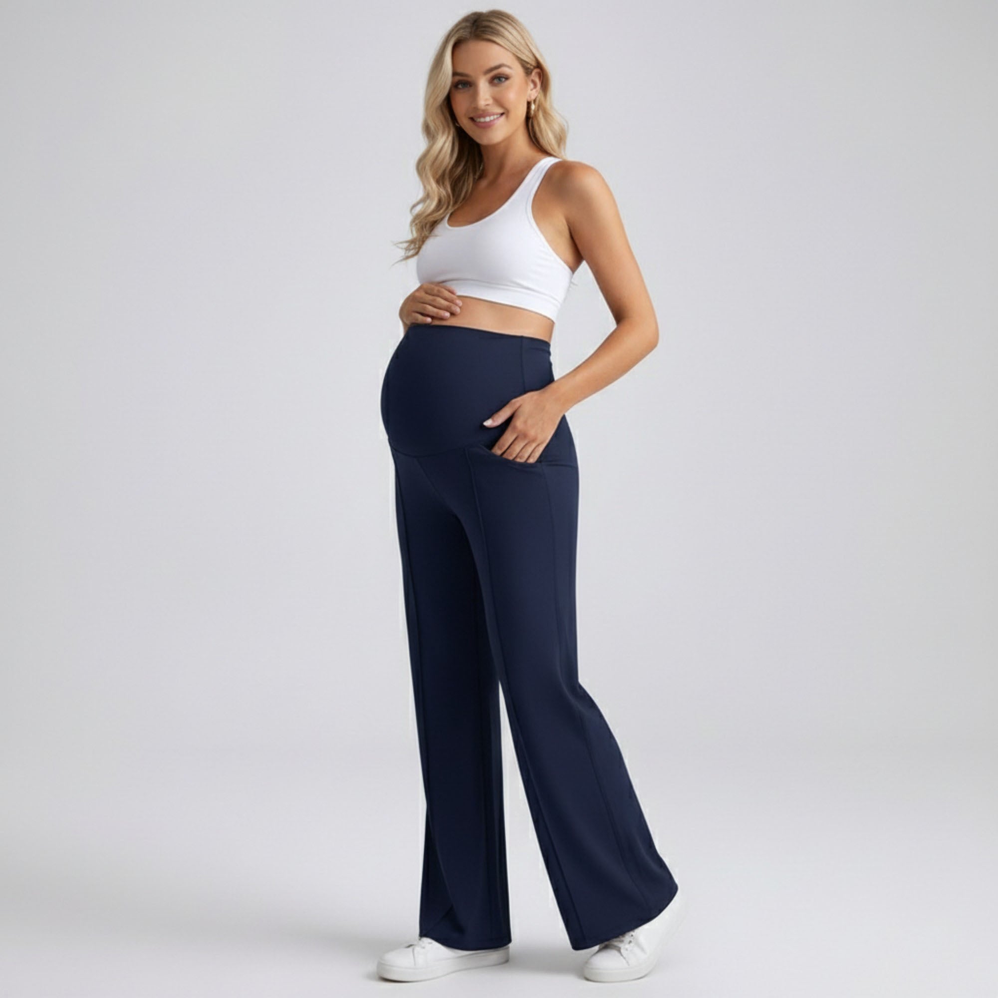Anna-Kaci Women's High Waist Maternity Wide Leg Pants with Over Belly Panel Front Seam Stretch Lounge Pants