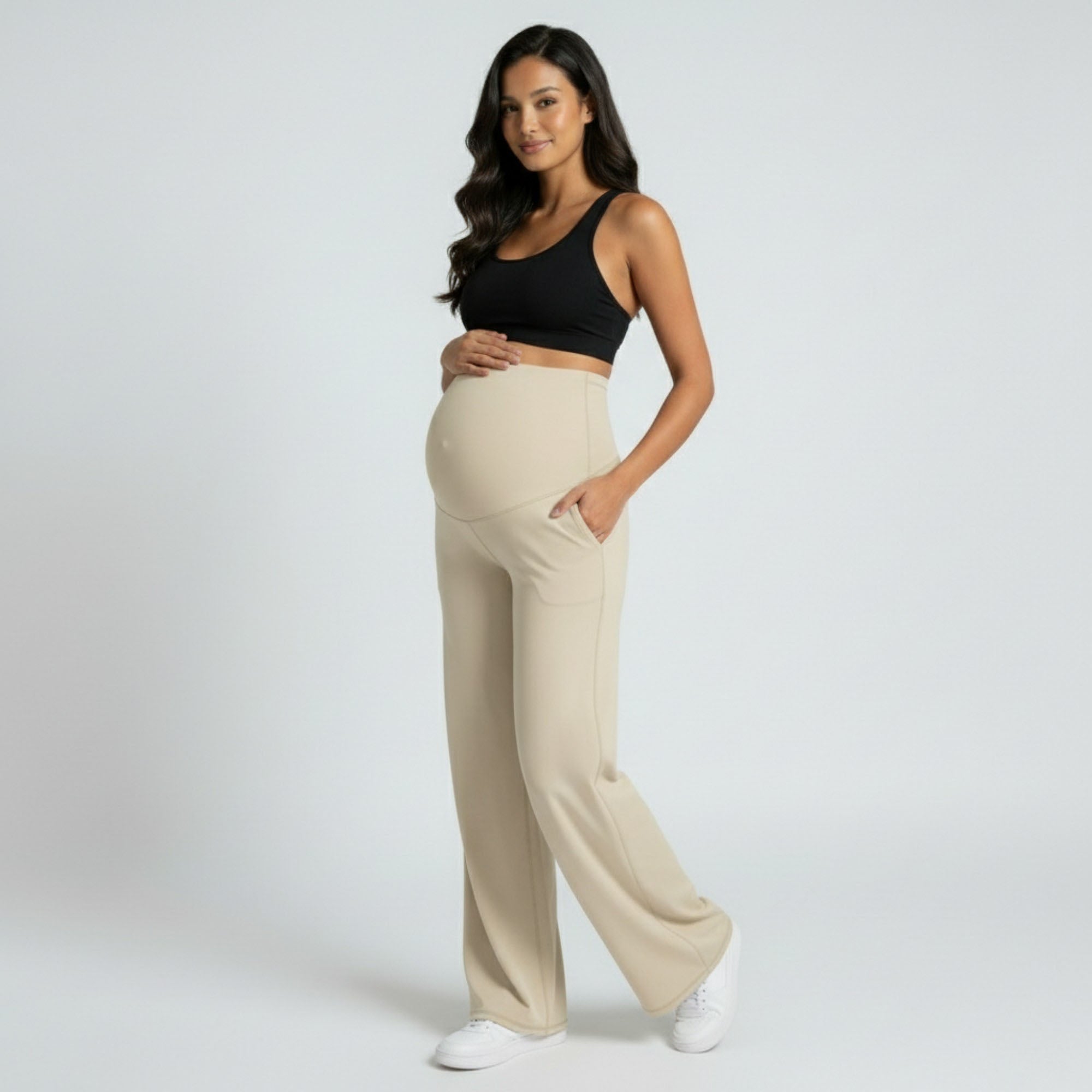 Anna-Kaci Women's High Waist Maternity Wide Leg Pants with Over Belly Panel Soft Stretch Lounge Pants