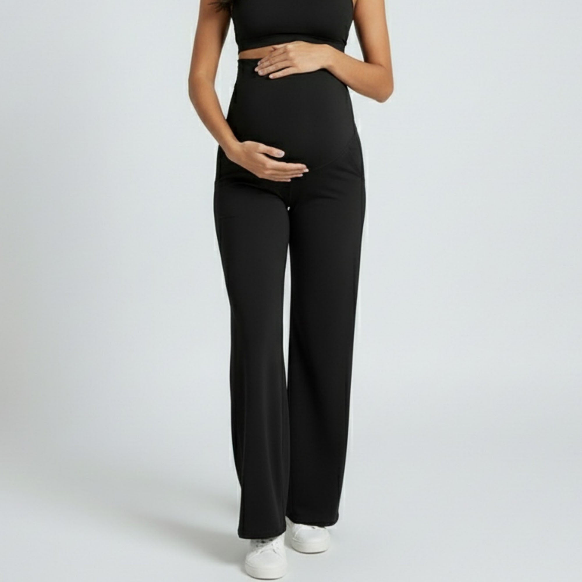 Anna-Kaci Women's High Waist Maternity Wide Leg Pants with Over Belly Panel Soft Stretch Lounge Pants