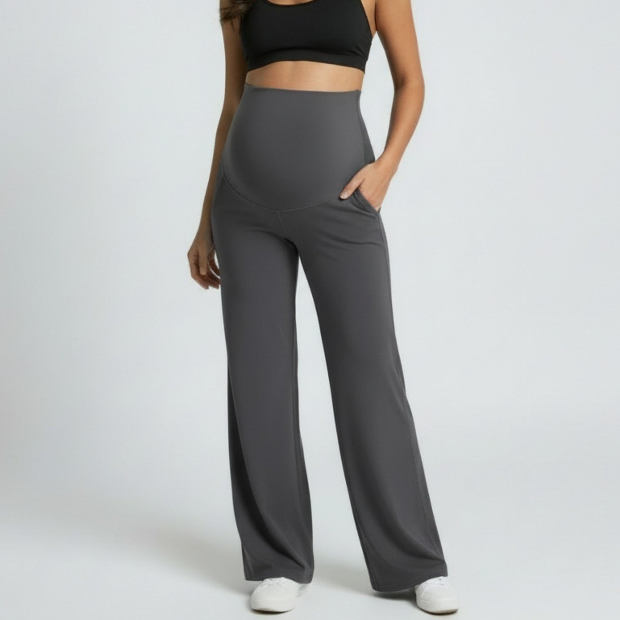 Anna-Kaci Women's High Waist Maternity Wide Leg Pants with Over Belly Panel Soft Stretch Lounge Pants