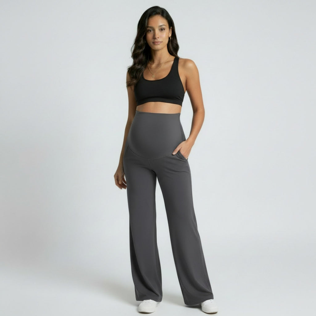 Anna-Kaci Women's High Waist Maternity Wide Leg Pants with Over Belly Panel Soft Stretch Lounge Pants