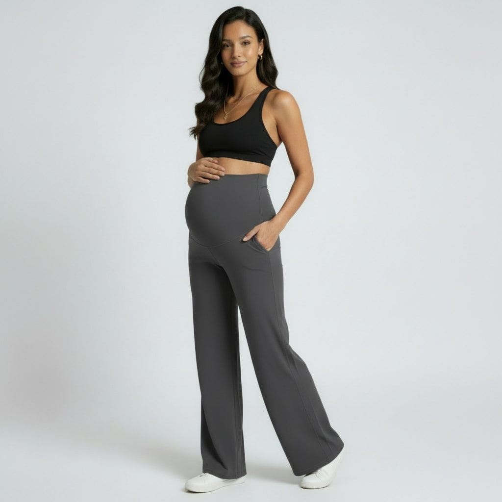 Anna-Kaci Women's High Waist Maternity Wide Leg Pants with Over Belly Panel Soft Stretch Lounge Pants