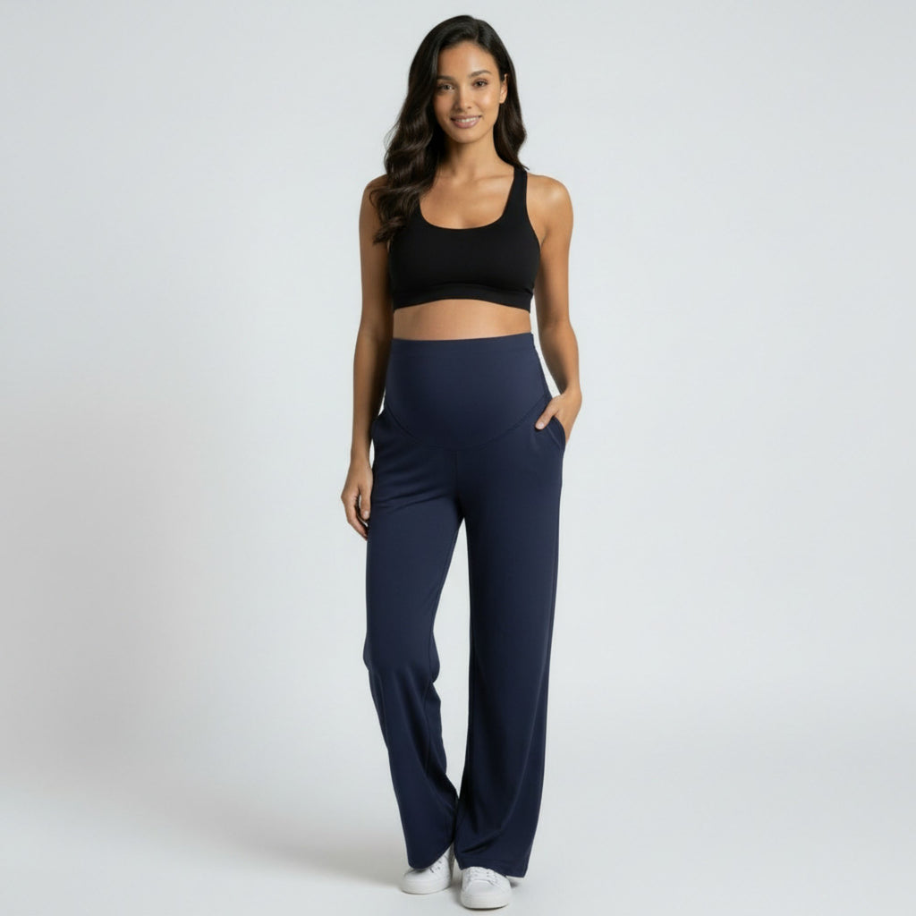 Anna-Kaci Women's High Waist Maternity Wide Leg Pants with Over Belly Panel Soft Stretch Lounge Pants