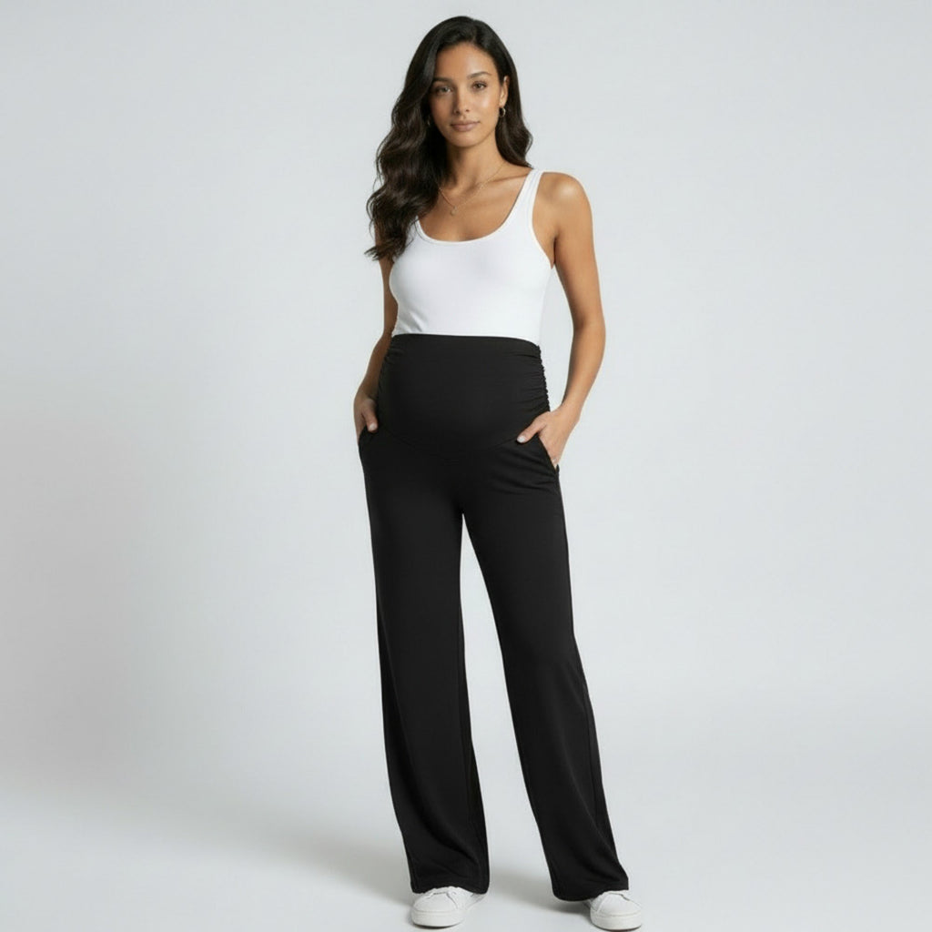 Anna-Kaci Women's High Waist Maternity Wide Leg Pants with Over Belly Panel Stretch Loose Fit Lounge Pants