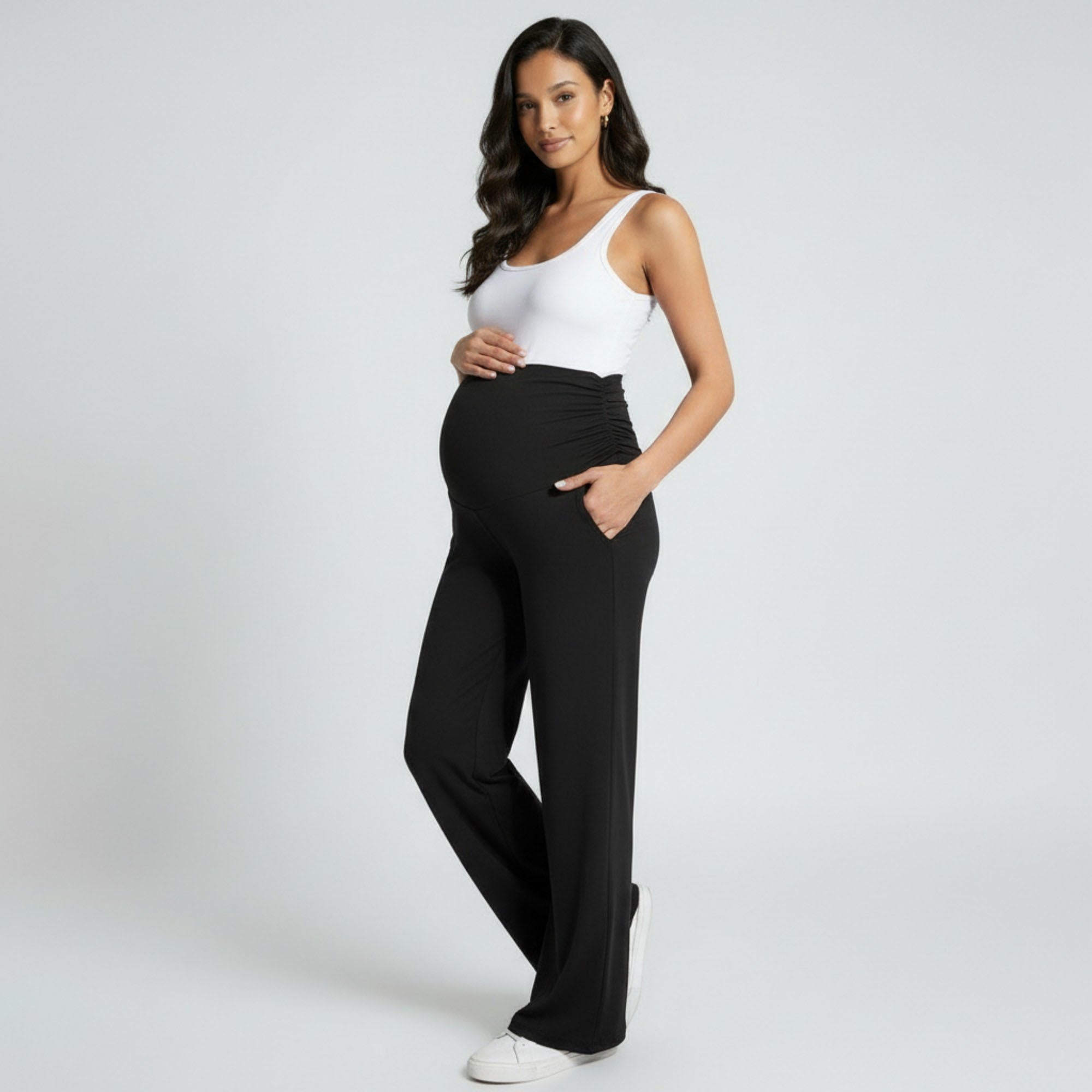 Anna-Kaci Women's High Waist Maternity Wide Leg Pants with Over Belly Panel Stretch Loose Fit Lounge Pants
