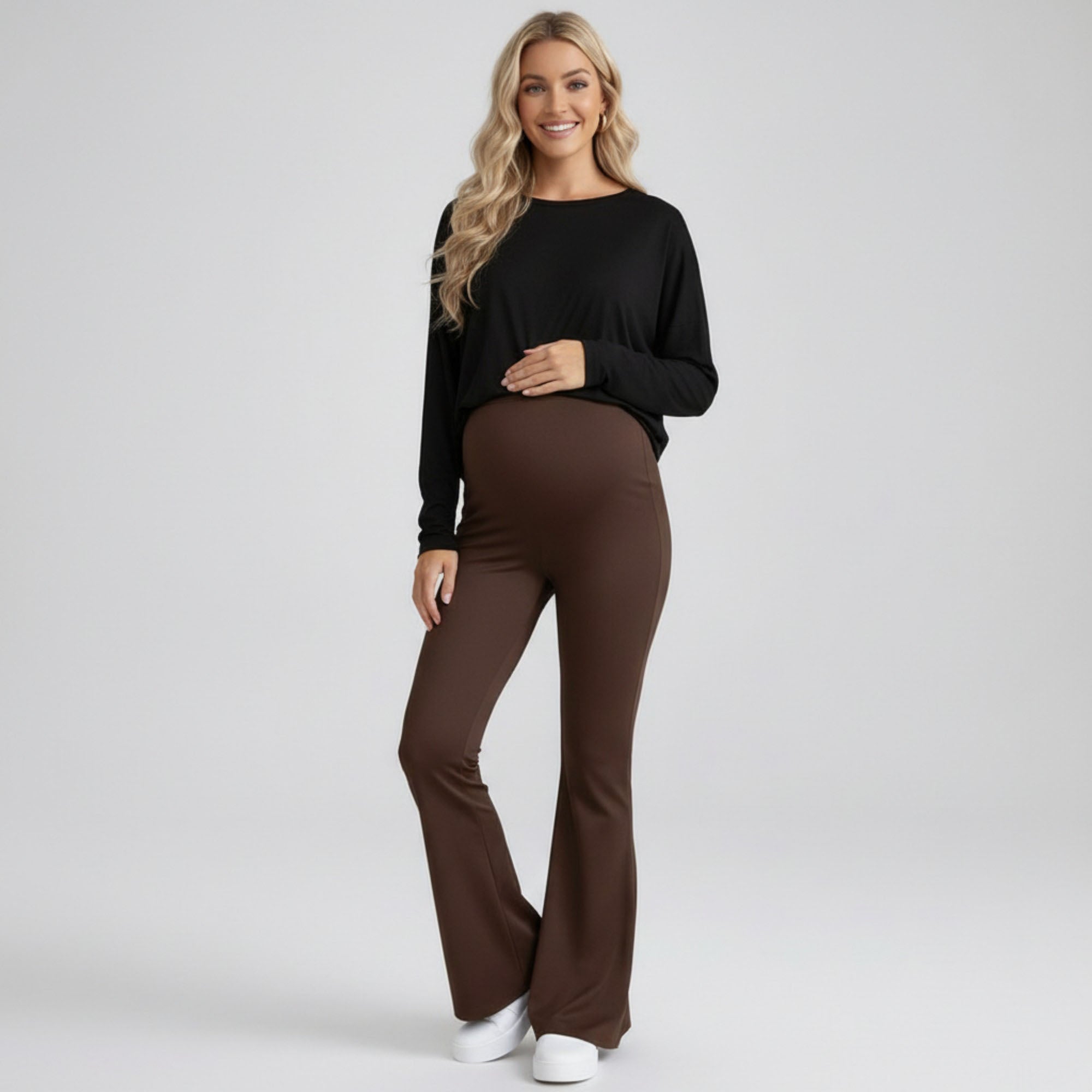 Anna-Kaci Women's High Waist Maternity Flare Pants with Over Belly Panel Stretch Fitted Bootcut Lounge Pants