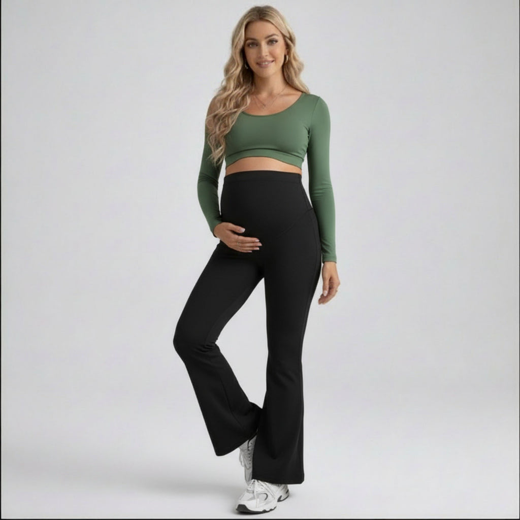 Anna-Kaci Women's High Waist Maternity Flare Leggings with Over Belly Panel Stretch Fitted Bootcut Pants