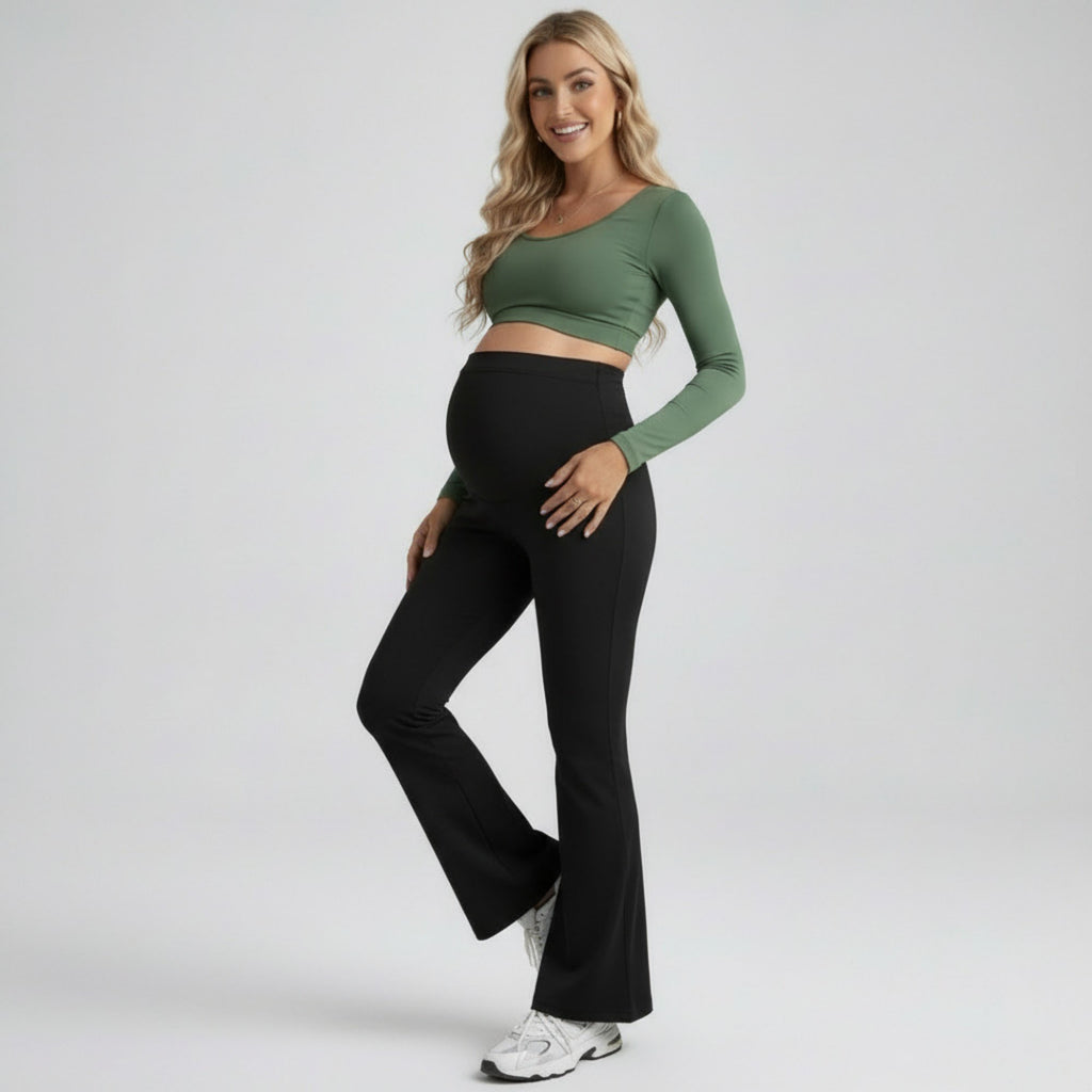 Anna-Kaci Women's High Waist Maternity Flare Leggings with Over Belly Panel Stretch Fitted Bootcut Pants