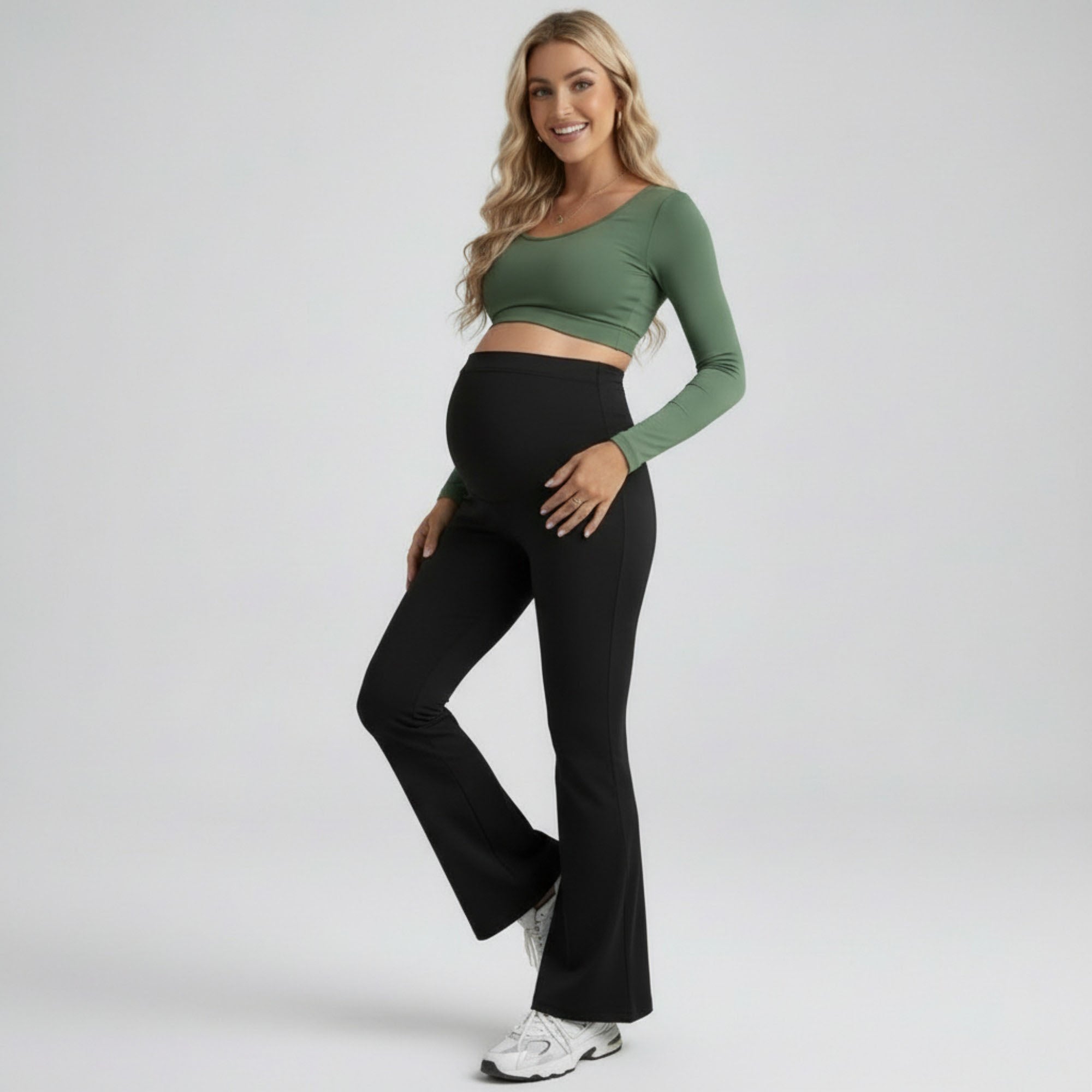 Anna-Kaci Women's High Waist Maternity Flare Leggings with Over Belly Panel Stretch Fitted Bootcut Pants