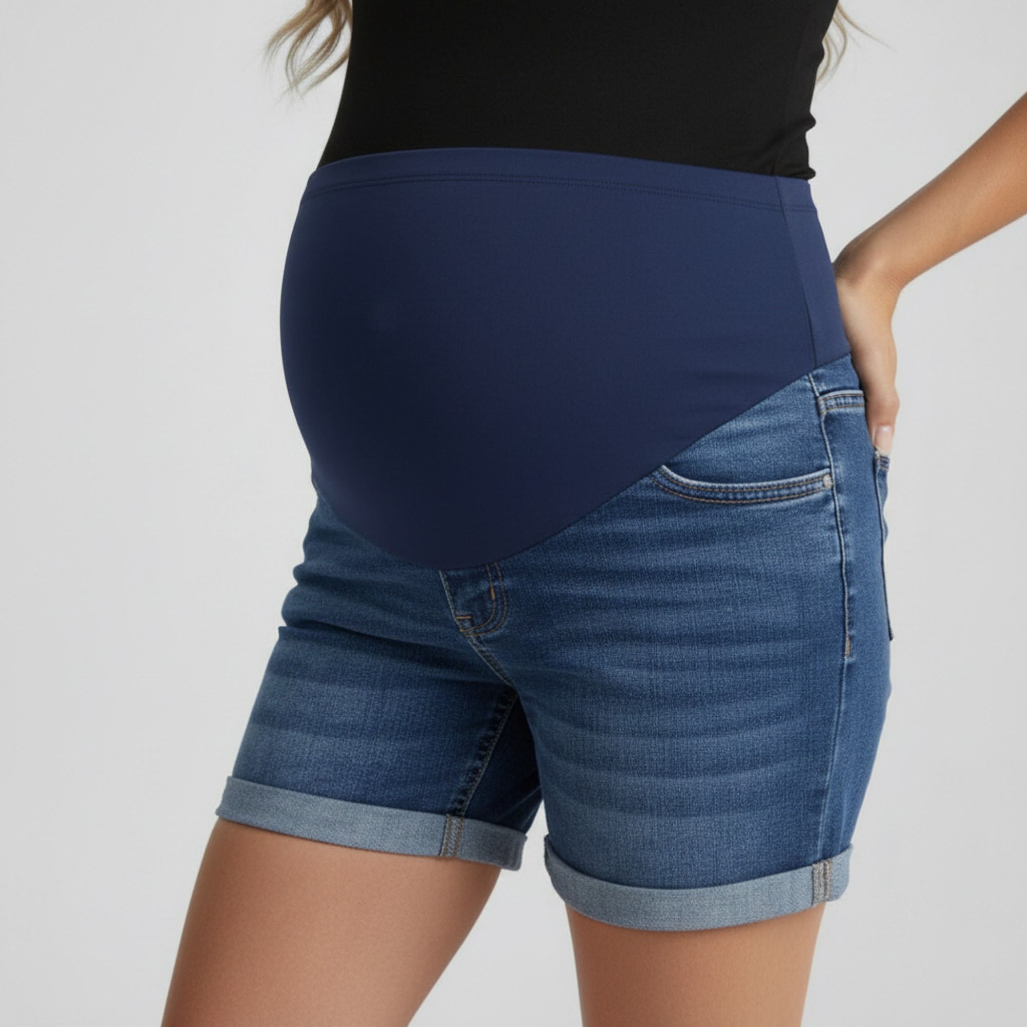 Anna-Kaci Women's Maternity Denim Shorts with Over Belly Panel Stretch Mid Rise Pregnancy Jean Shorts