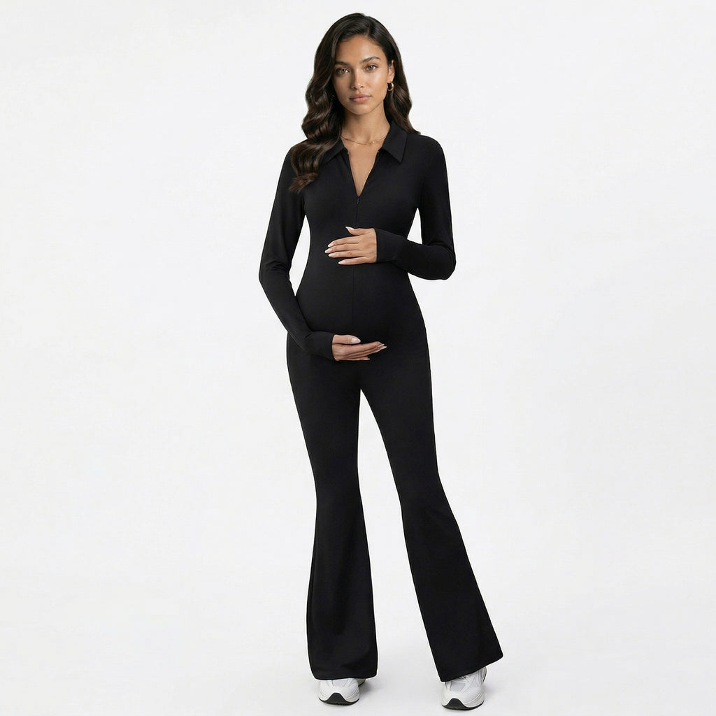 Anna-Kaci Women's Maternity Long Sleeve Jumpsuit with Stretch Fabric Flare Leg Fitted Comfortable Design