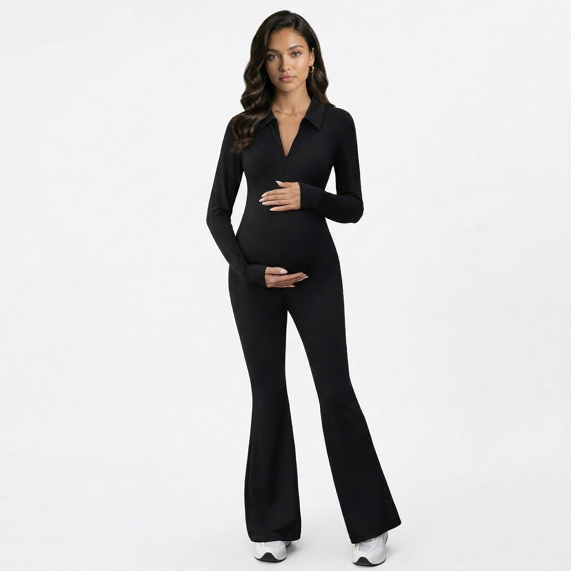 Anna-Kaci Women's Maternity Long Sleeve Jumpsuit with Stretch Fabric Flare Leg Fitted Comfortable Design