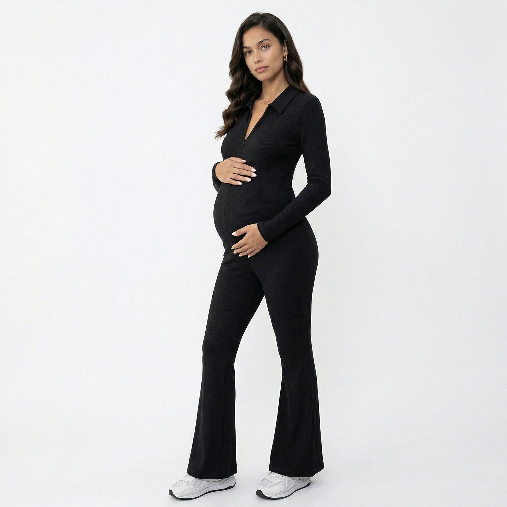 Anna-Kaci Women's Maternity Long Sleeve Jumpsuit with Stretch Fabric Flare Leg Fitted Comfortable Design