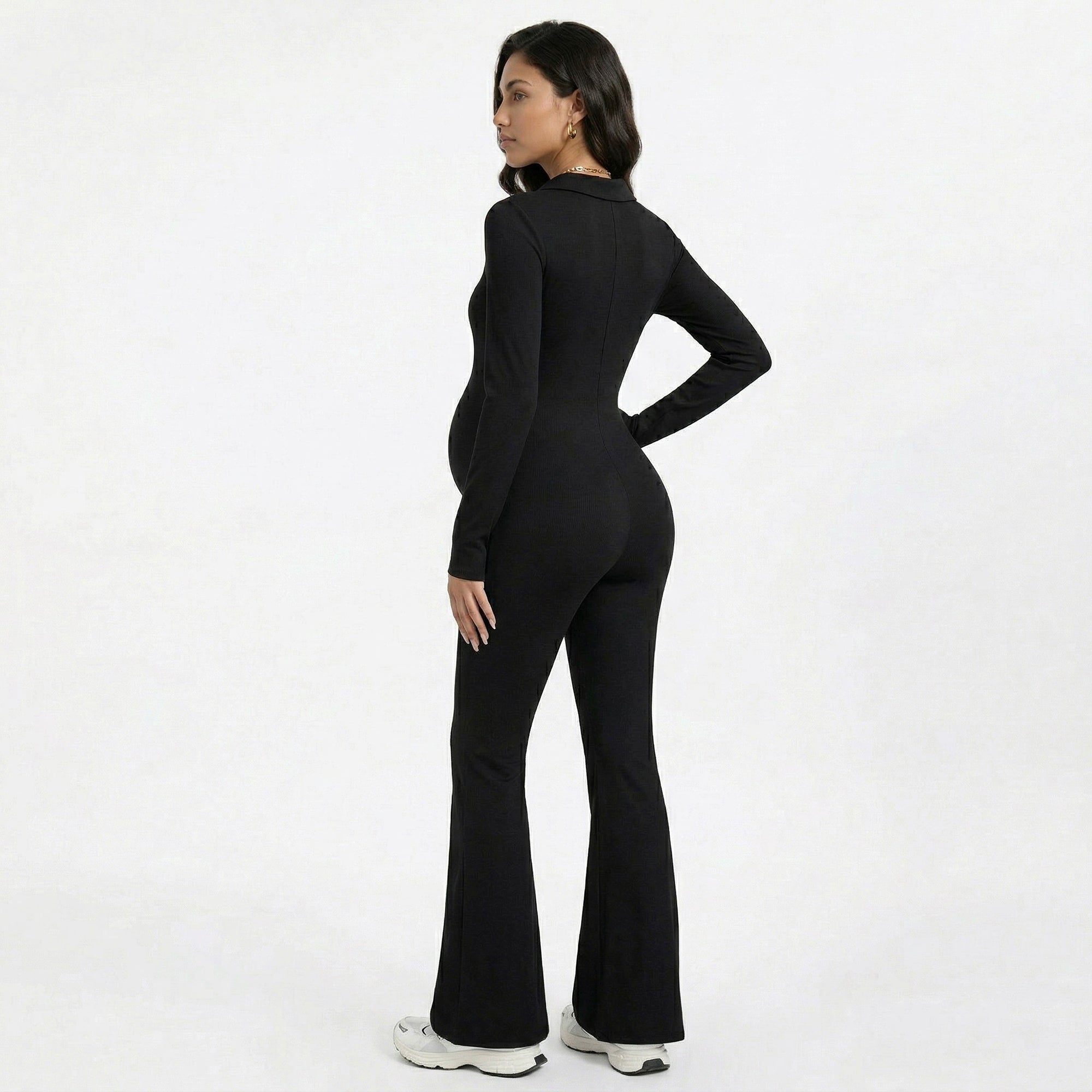 Anna-Kaci Women's Maternity Long Sleeve Jumpsuit with Stretch Fabric Flare Leg Fitted Comfortable Design