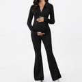 Anna-Kaci Women's Maternity Long Sleeve Jumpsuit with Stretch Fabric Flare Leg Fitted Comfortable Design