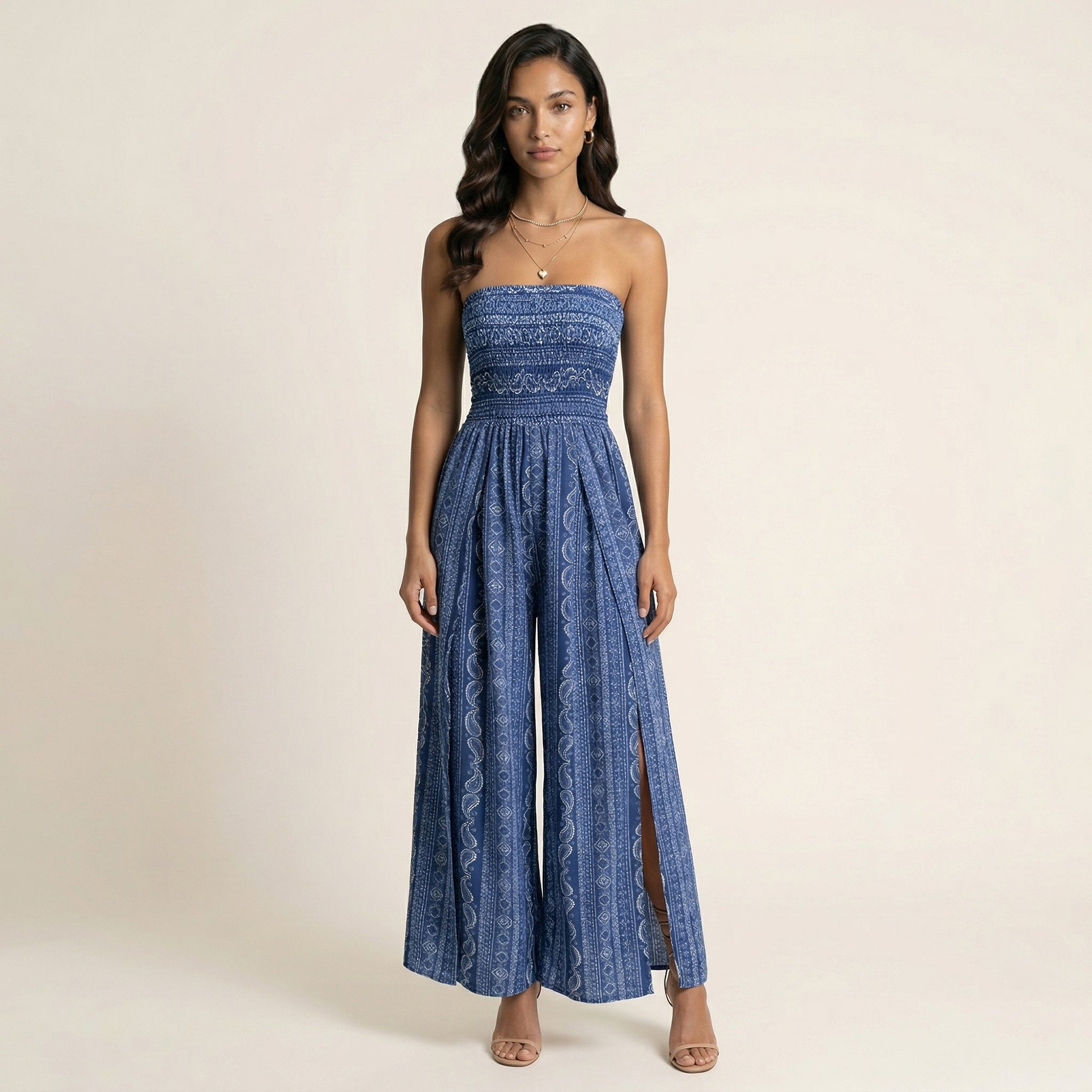 Anna-Kaci Women's Strapless Wide Leg Jumpsuit with Smocked Bodice Printed Fabric Side Slit Flowy Fit