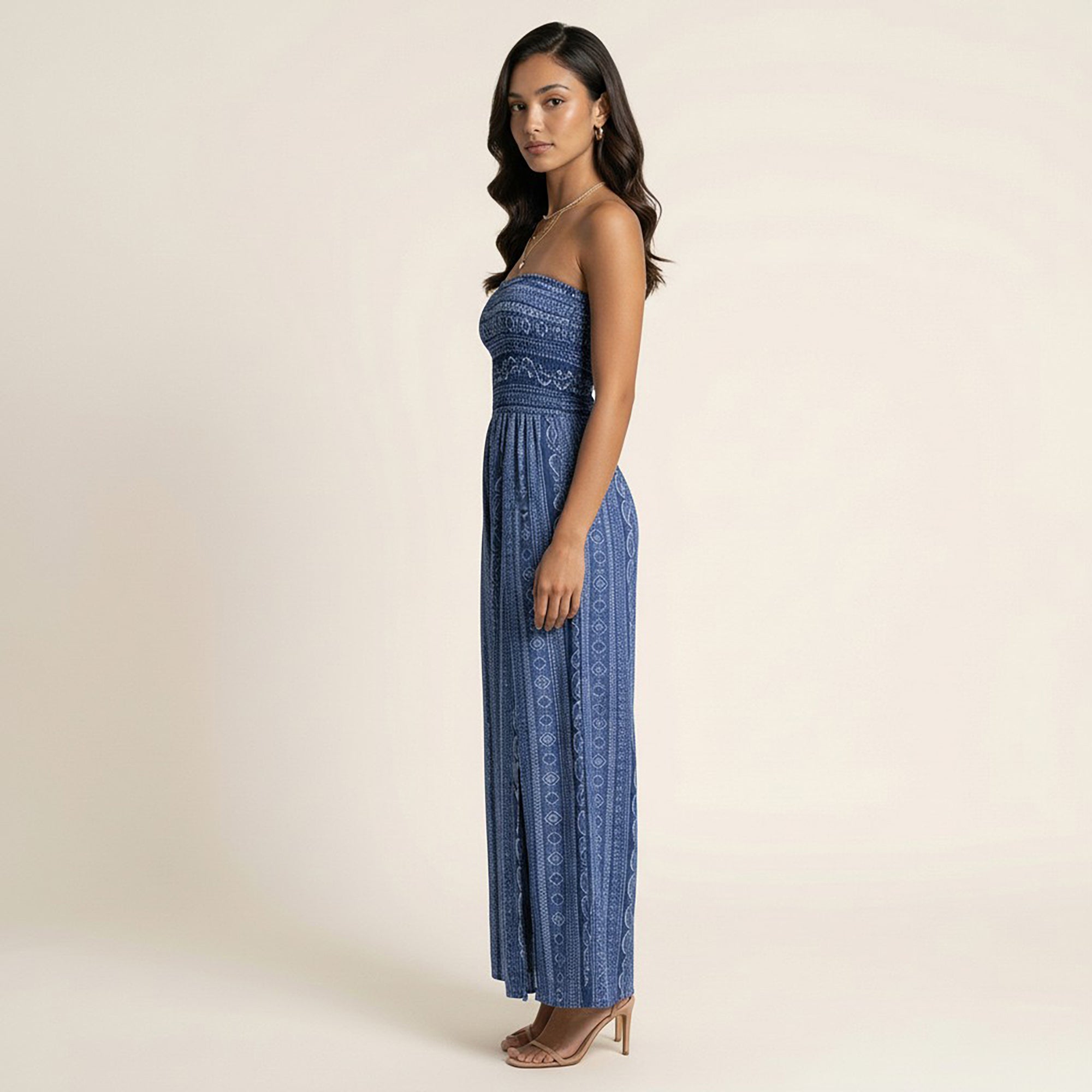 Anna-Kaci Women's Strapless Wide Leg Jumpsuit with Smocked Bodice Printed Fabric Side Slit Flowy Fit