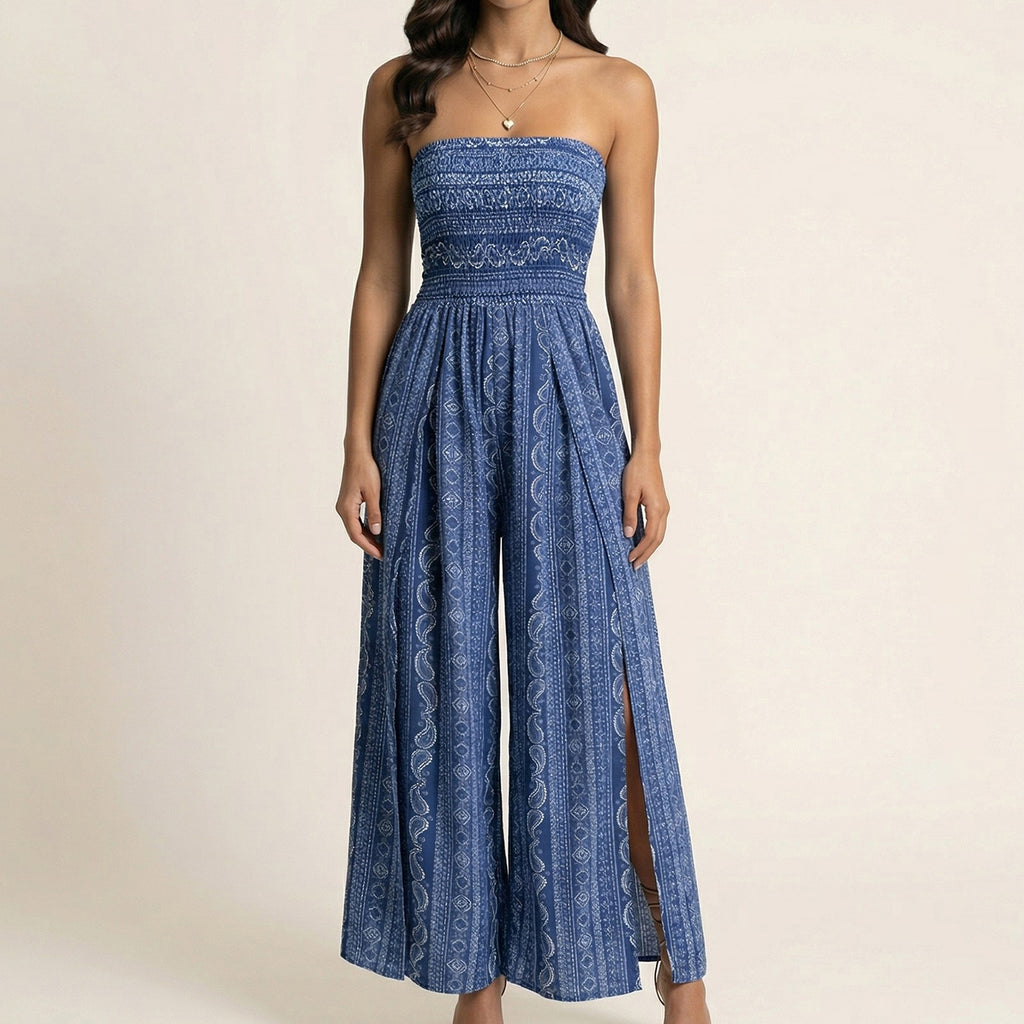 Anna-Kaci Women's Strapless Wide Leg Jumpsuit with Smocked Bodice Printed Fabric Side Slit Flowy Fit