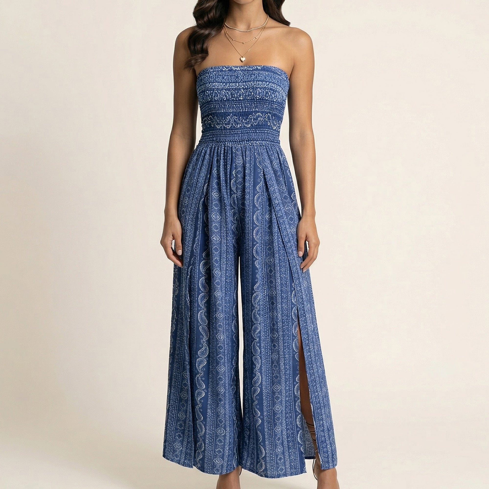 Anna-Kaci Women's Strapless Wide Leg Jumpsuit with Smocked Bodice Printed Fabric Side Slit Flowy Fit