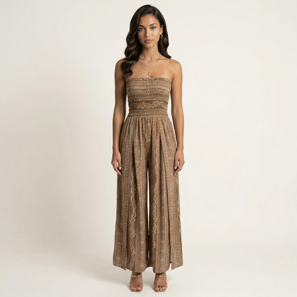 Anna-Kaci Women's Strapless Wide Leg Jumpsuit with Smocked Bodice Printed Fabric Side Slit Flowy Fit
