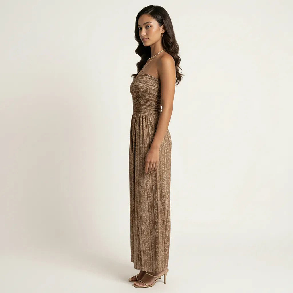Anna-Kaci Women's Strapless Wide Leg Jumpsuit with Smocked Bodice Printed Fabric Side Slit Flowy Fit