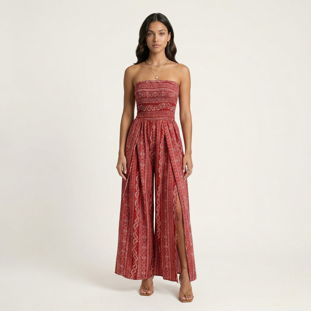 Anna-Kaci Women's Strapless Wide Leg Jumpsuit with Smocked Bodice Printed Fabric Side Slit Flowy Fit
