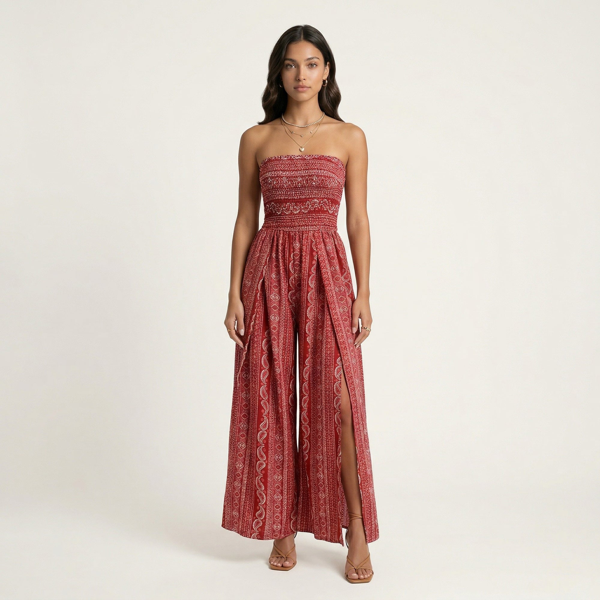 Anna-Kaci Women's Strapless Wide Leg Jumpsuit with Smocked Bodice Printed Fabric Side Slit Flowy Fit