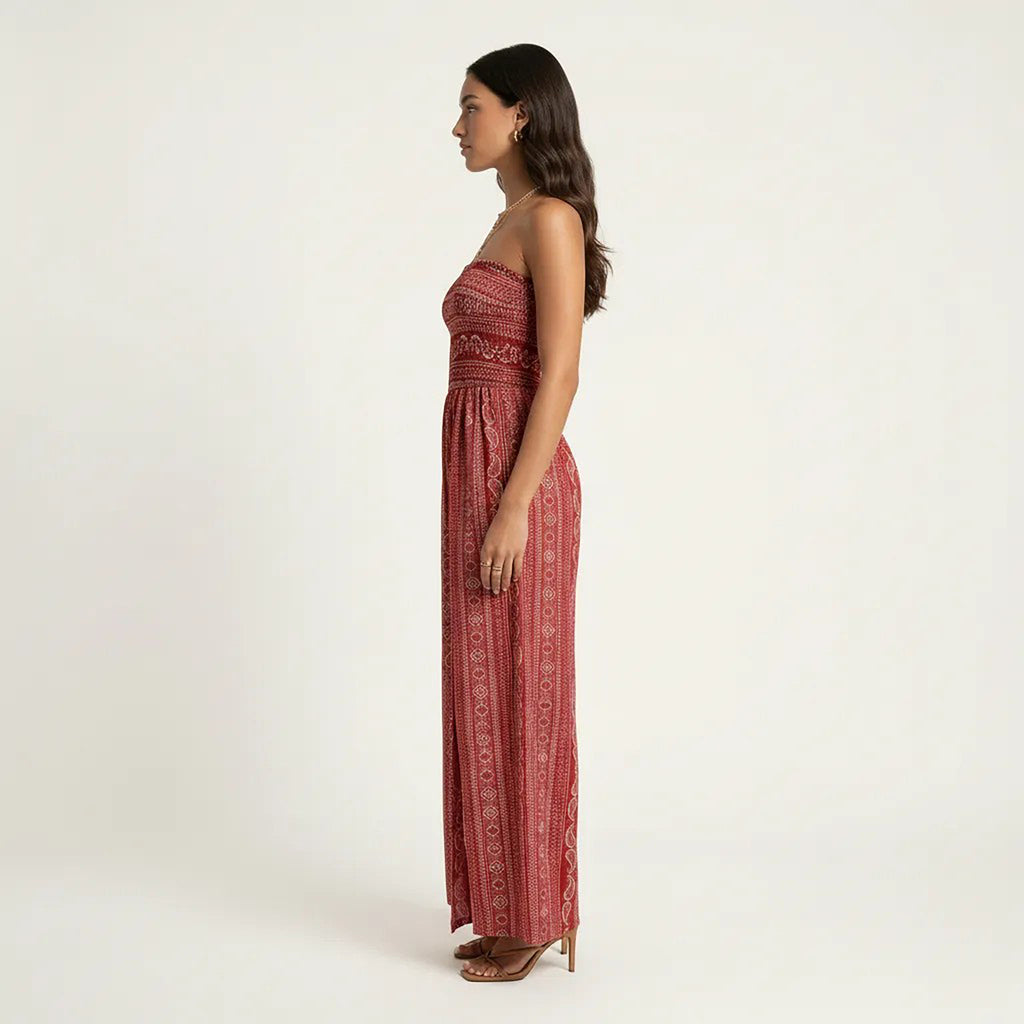 Anna-Kaci Women's Strapless Wide Leg Jumpsuit with Smocked Bodice Printed Fabric Side Slit Flowy Fit