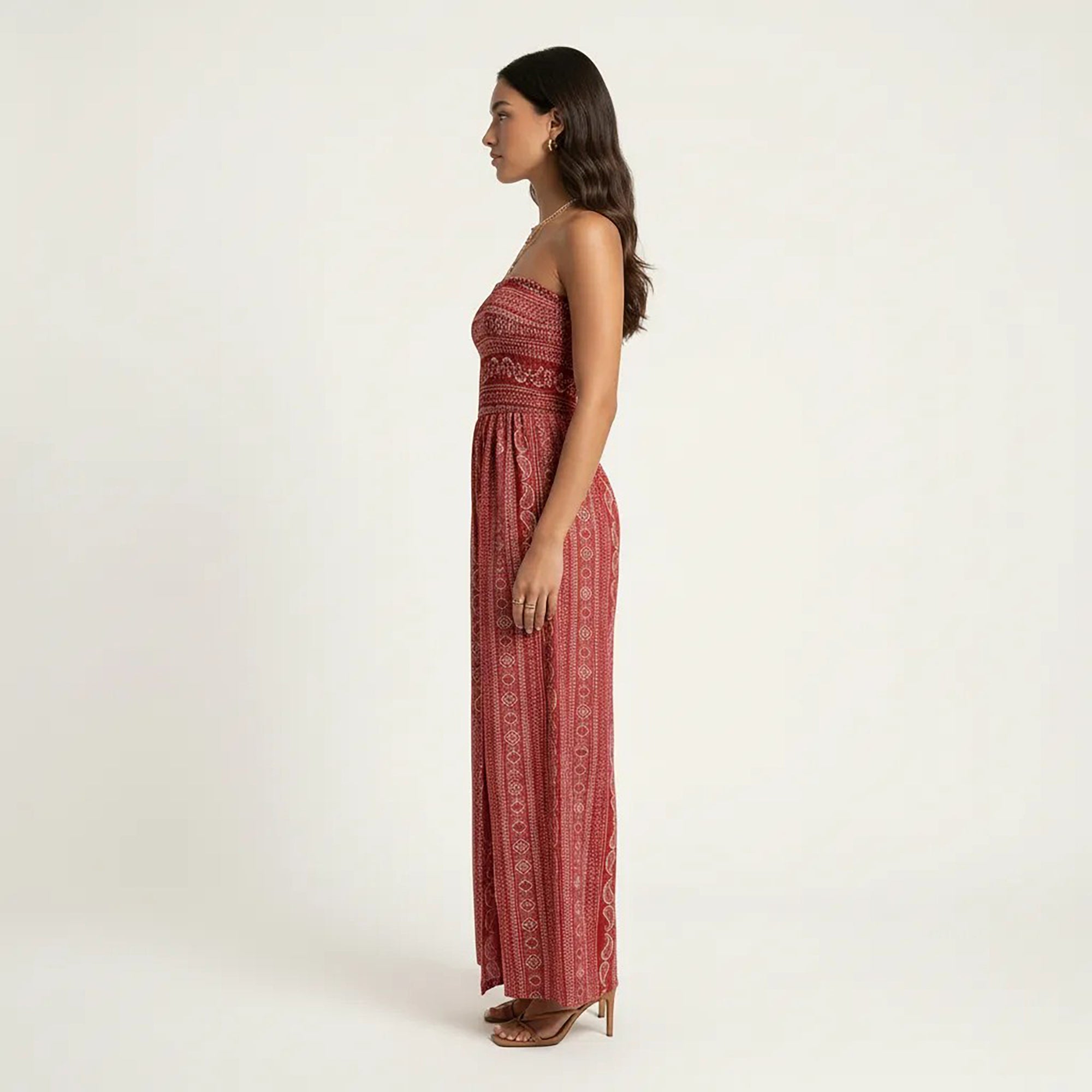 Anna-Kaci Women's Strapless Wide Leg Jumpsuit with Smocked Bodice Printed Fabric Side Slit Flowy Fit