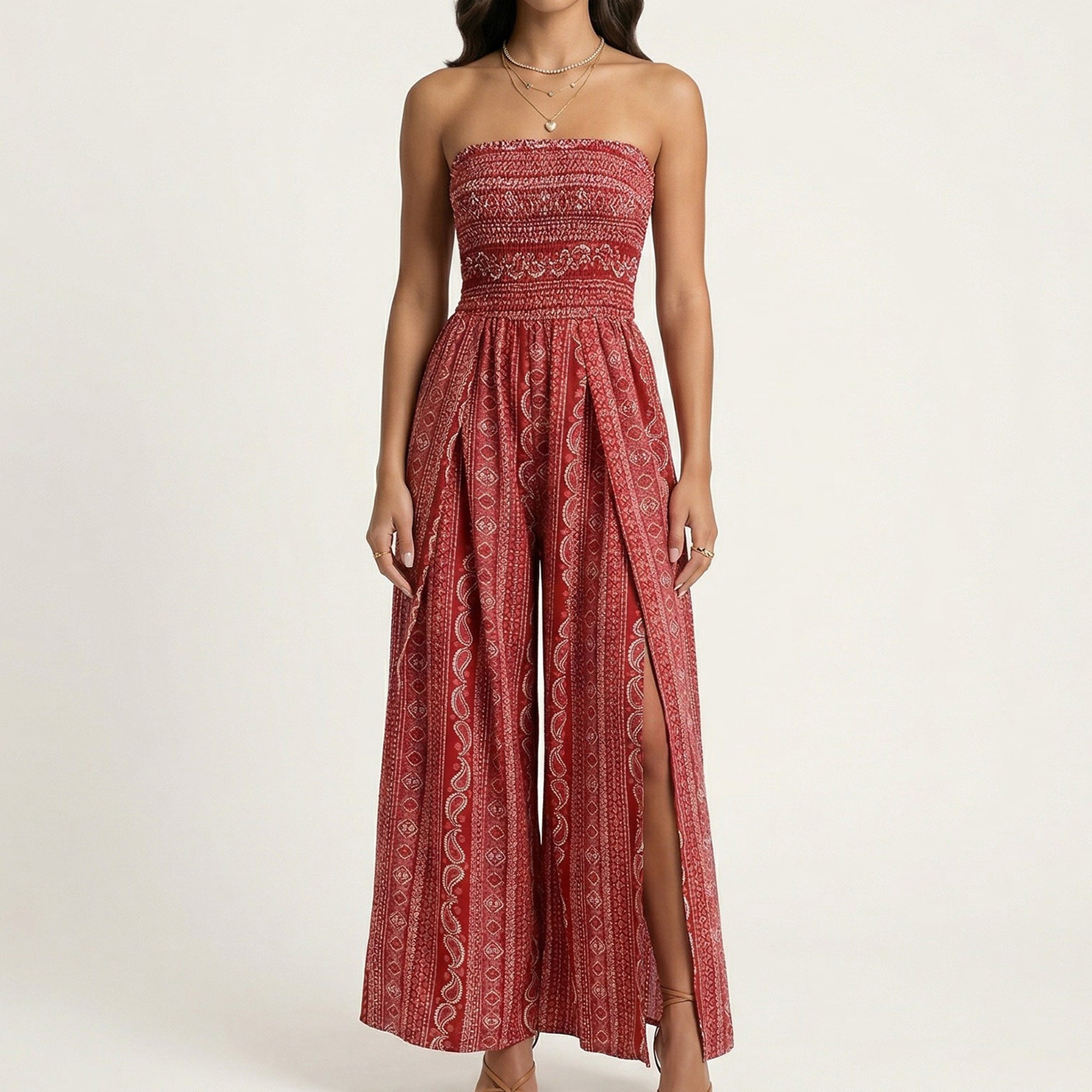 Anna-Kaci Women's Strapless Wide Leg Jumpsuit with Smocked Bodice Printed Fabric Side Slit Flowy Fit