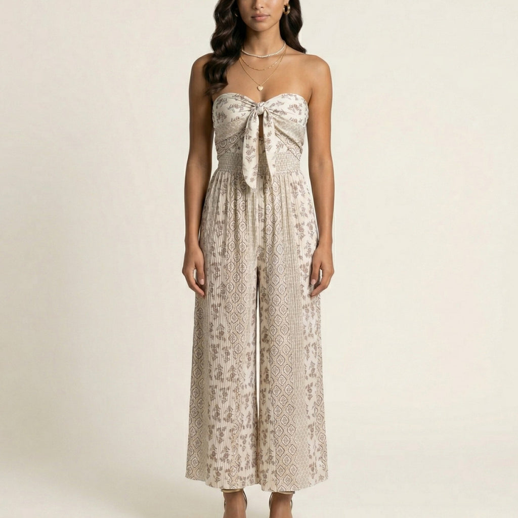 Anna-Kaci Women's Strapless Wide Leg Jumpsuit with Front Knot and Printed Pattern Elegant Summer Outfit