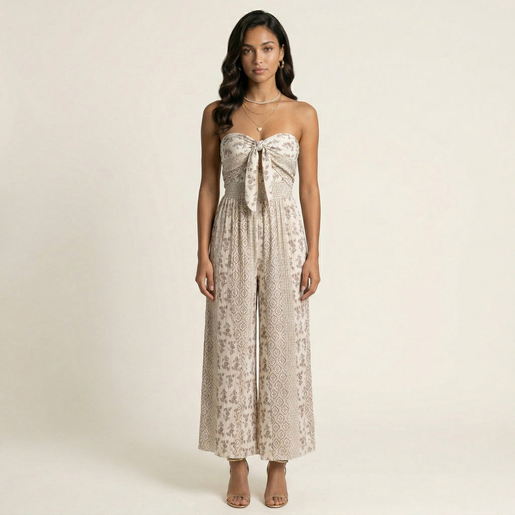 Anna-Kaci Women's Strapless Wide Leg Jumpsuit with Front Knot and Printed Pattern Elegant Summer Outfit