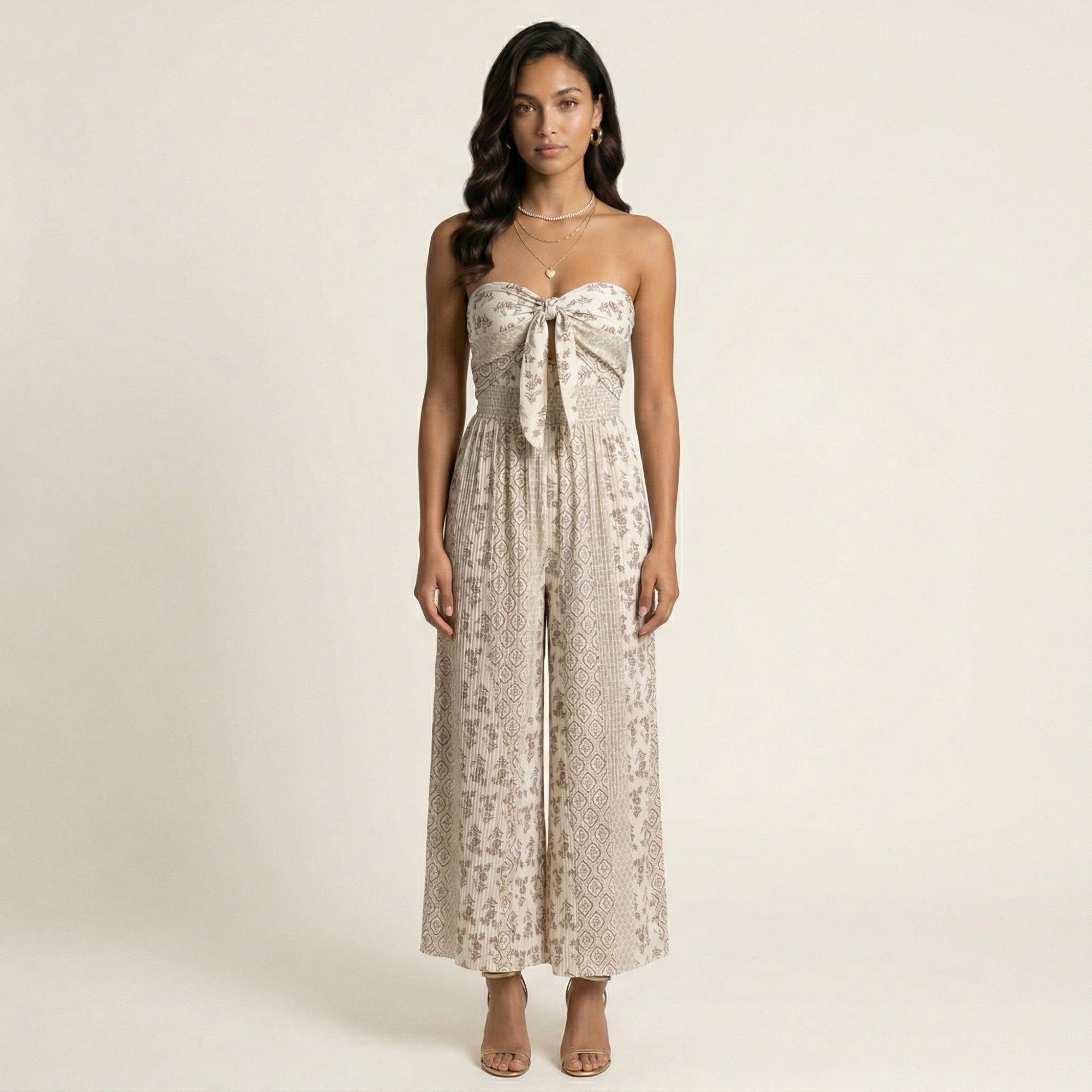 Anna-Kaci Women's Strapless Wide Leg Jumpsuit with Front Knot and Printed Pattern Elegant Summer Outfit