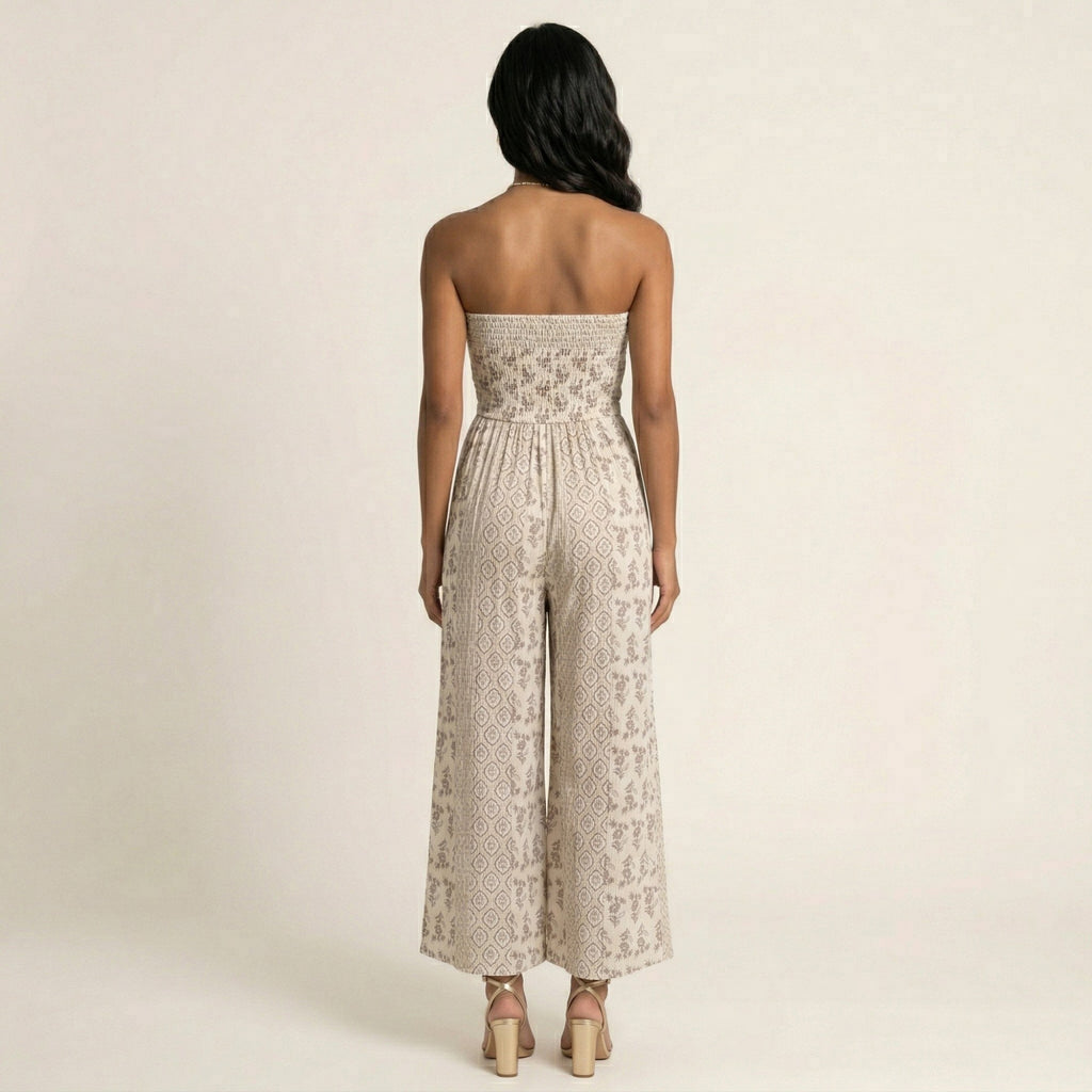 Anna-Kaci Women's Strapless Wide Leg Jumpsuit with Front Knot and Printed Pattern Elegant Summer Outfit