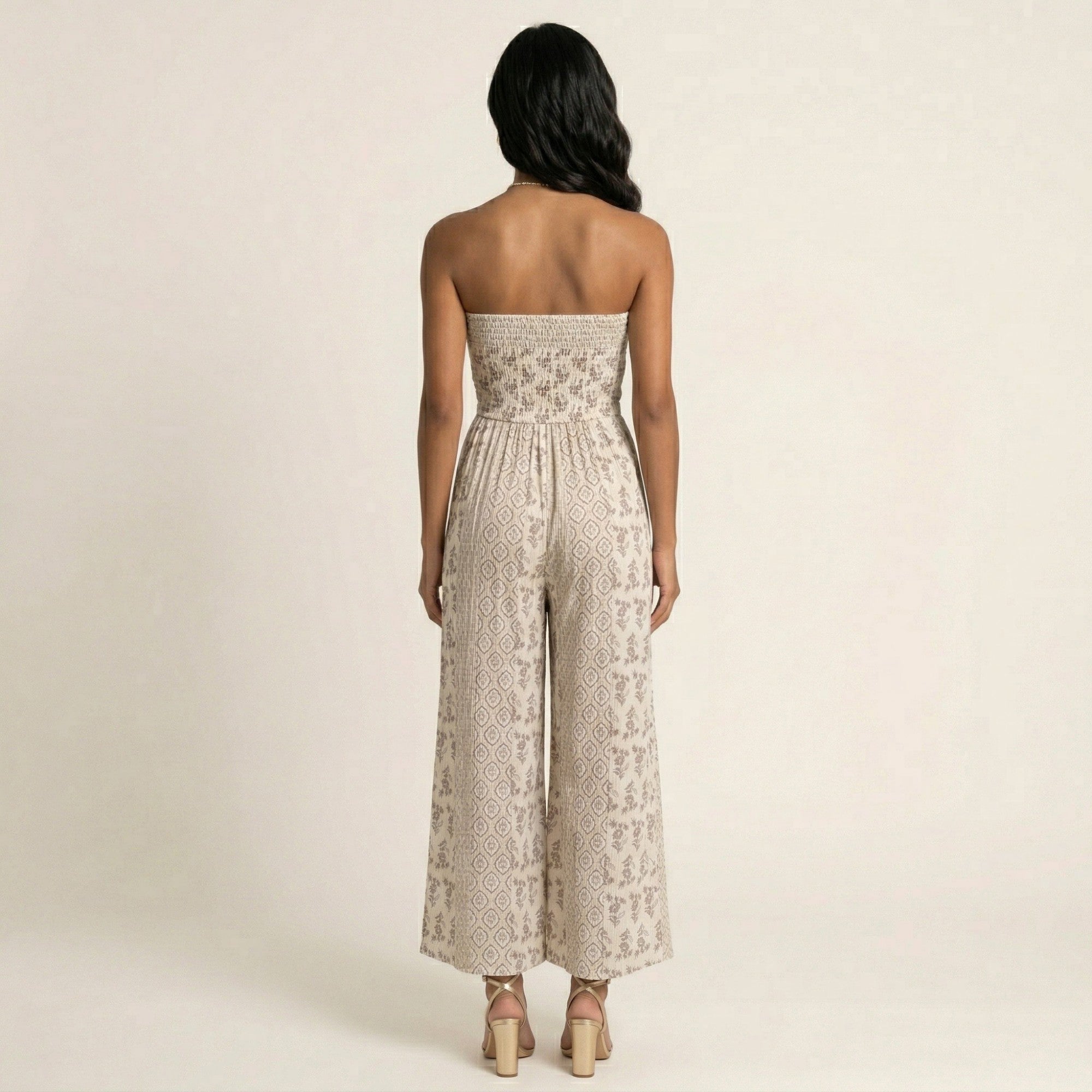 Anna-Kaci Women's Strapless Wide Leg Jumpsuit with Front Knot and Printed Pattern Elegant Summer Outfit