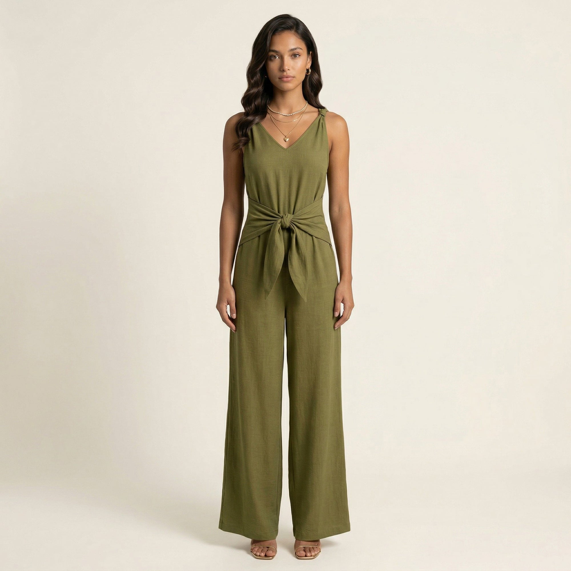 Anna-Kaci Women's Sleeveless Wide Leg Jumpsuit with V Neck Tie Waist Relaxed Fit Flowy Silhouette