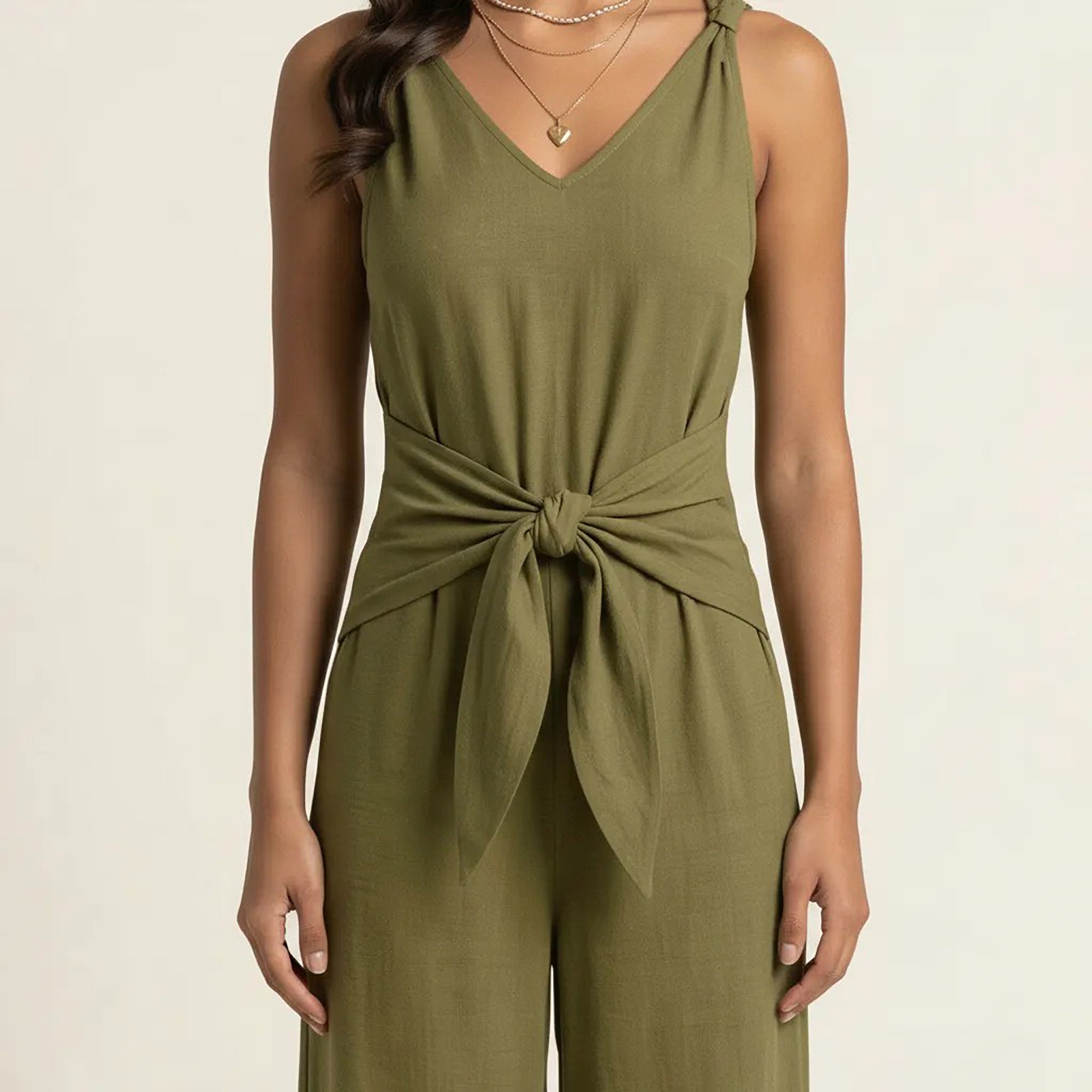 Anna-Kaci Women's Sleeveless Wide Leg Jumpsuit with V Neck Tie Waist Relaxed Fit Flowy Silhouette