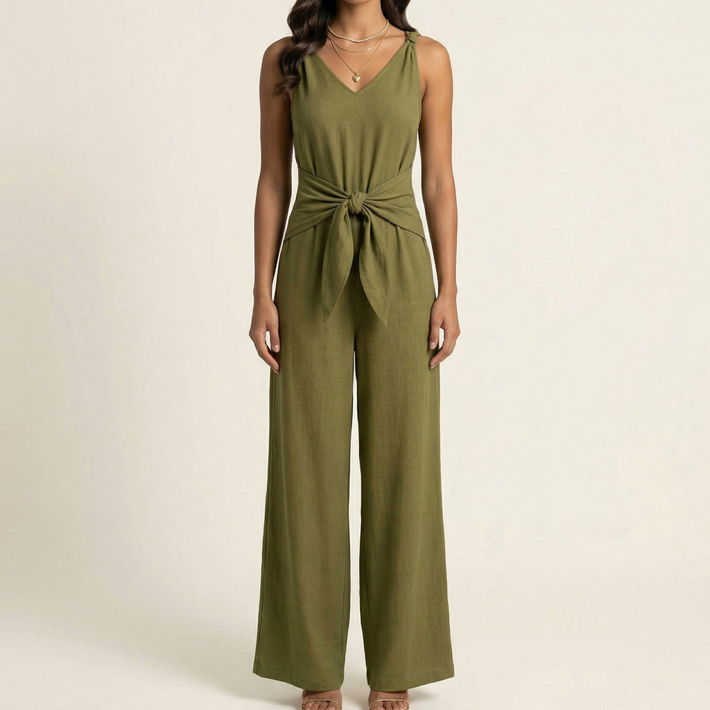 Anna-Kaci Women's Sleeveless Wide Leg Jumpsuit with V Neck Tie Waist Relaxed Fit Flowy Silhouette