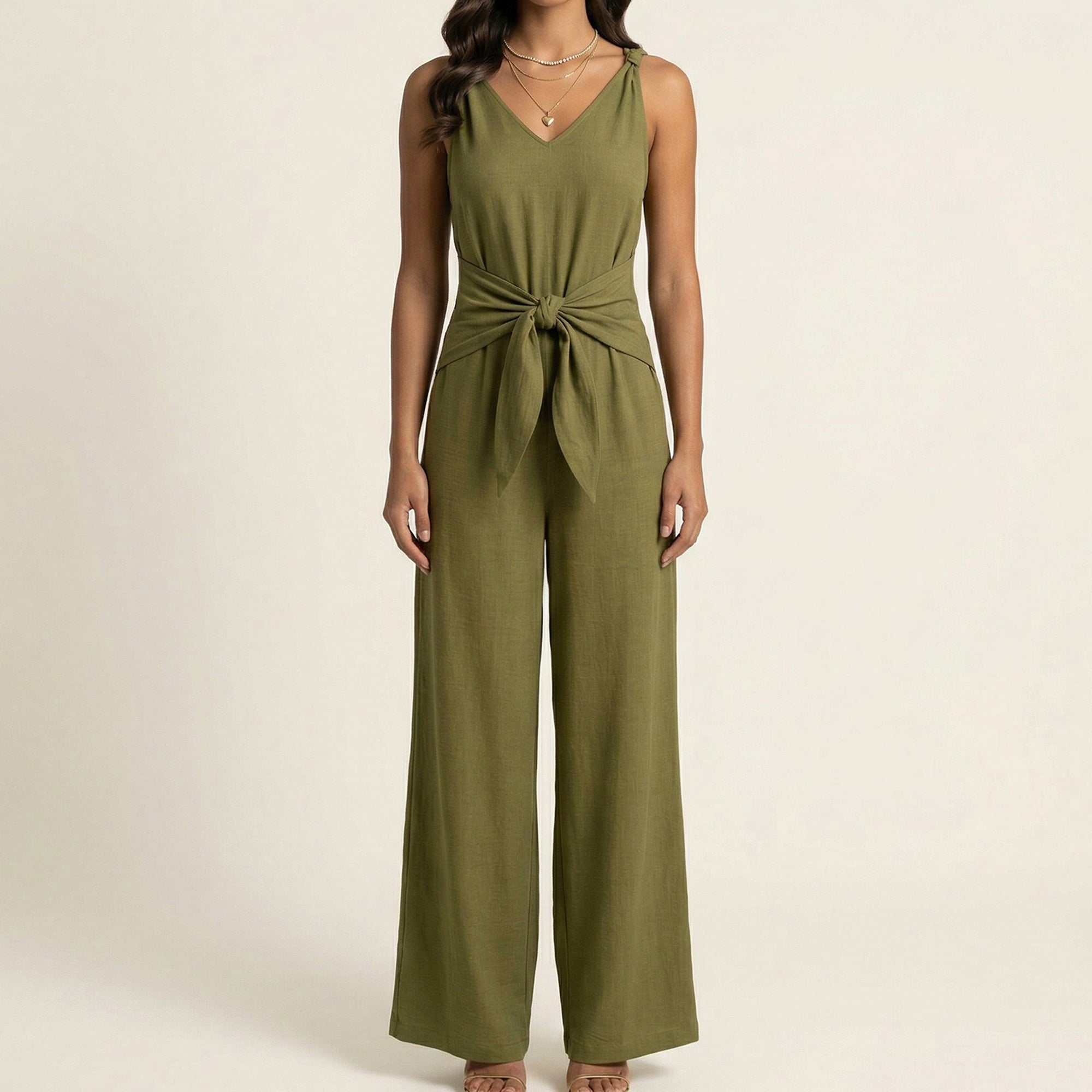 Anna-Kaci Women's Sleeveless Wide Leg Jumpsuit with V Neck Tie Waist Relaxed Fit Flowy Silhouette