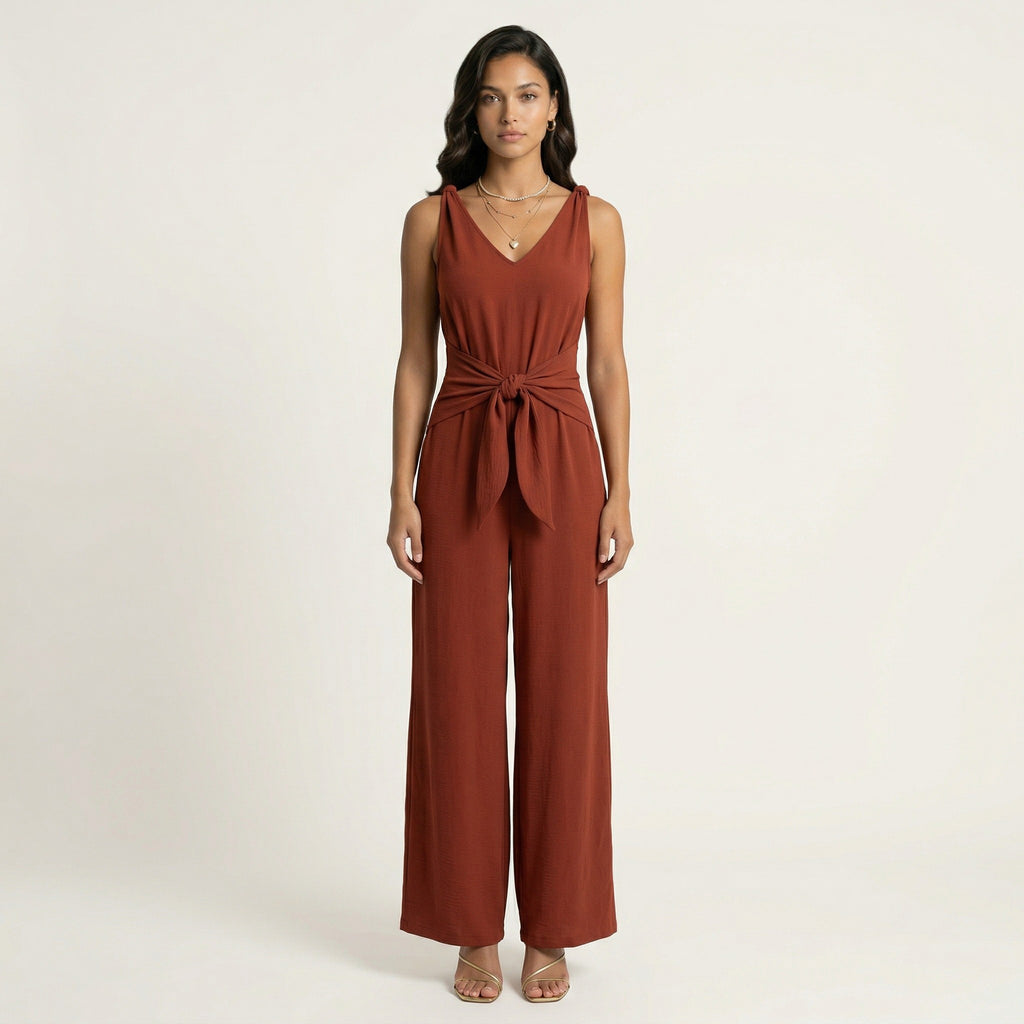 Anna-Kaci Women's Sleeveless Wide Leg Jumpsuit with V Neck Tie Waist Relaxed Fit Flowy Silhouette