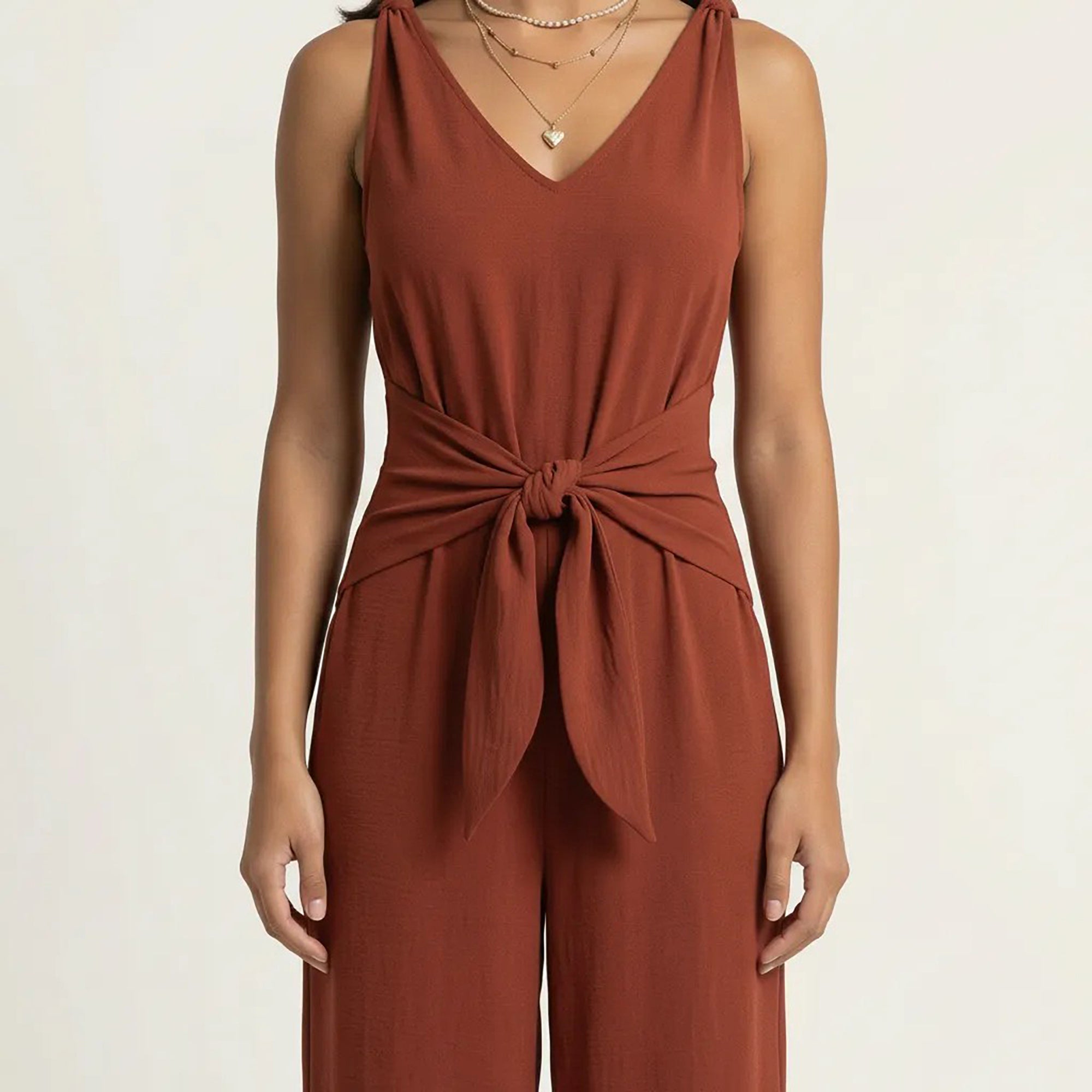 Anna-Kaci Women's Sleeveless Wide Leg Jumpsuit with V Neck Tie Waist Relaxed Fit Flowy Silhouette