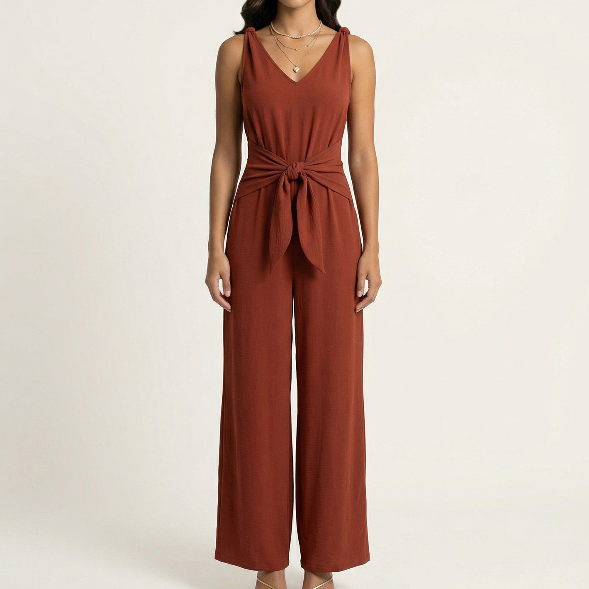 Anna-Kaci Women's Sleeveless Wide Leg Jumpsuit with V Neck Tie Waist Relaxed Fit Flowy Silhouette